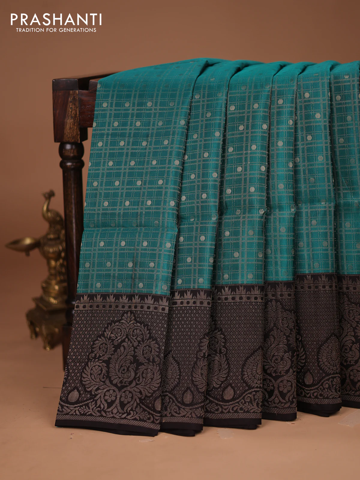 Kanchipuram soft silk saree teal green and black with allover small zari checks & buttas and rich zari woven border