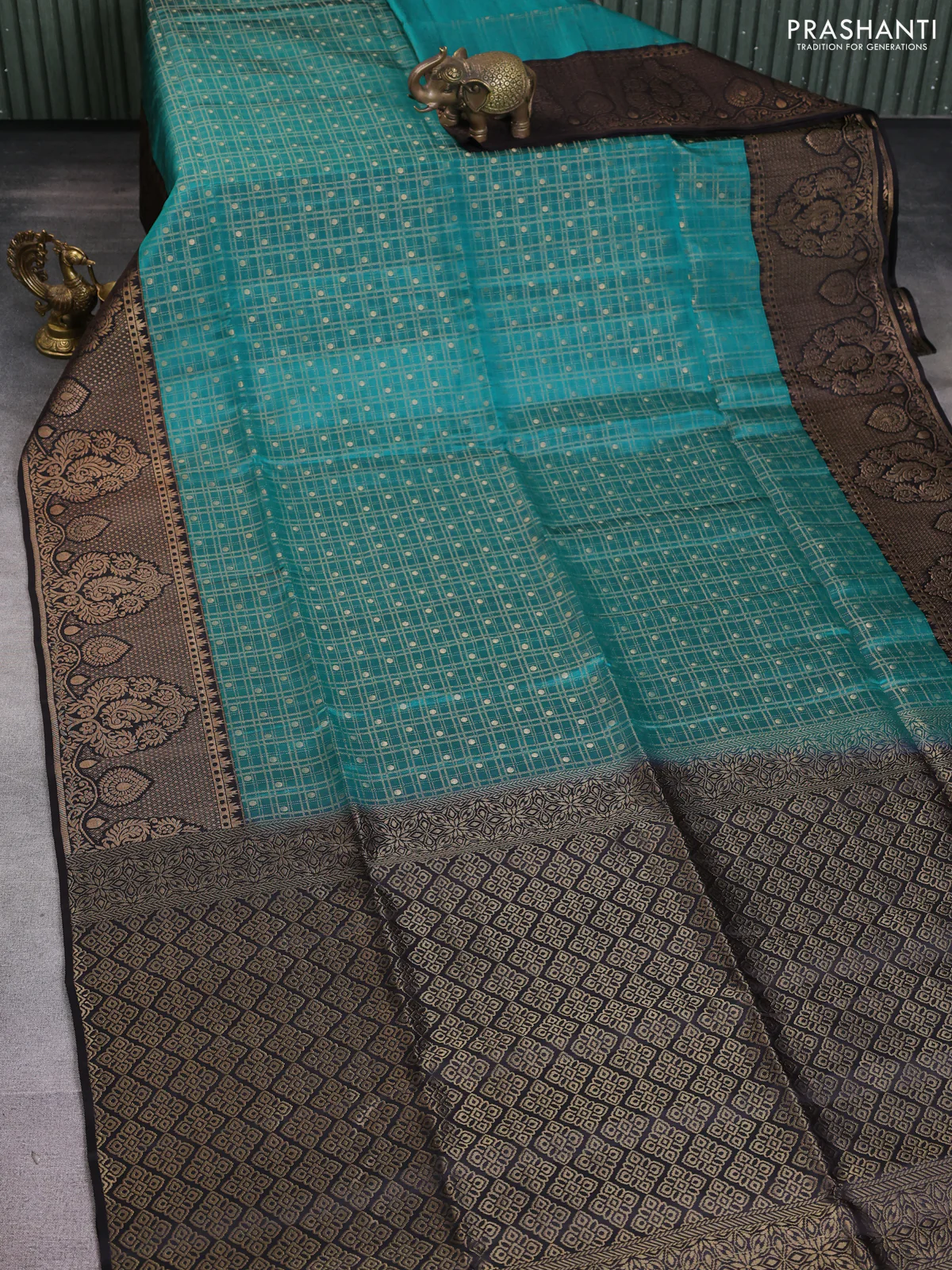 Kanchipuram soft silk saree teal green and black with allover small zari checks & buttas and rich zari woven border - Image 2