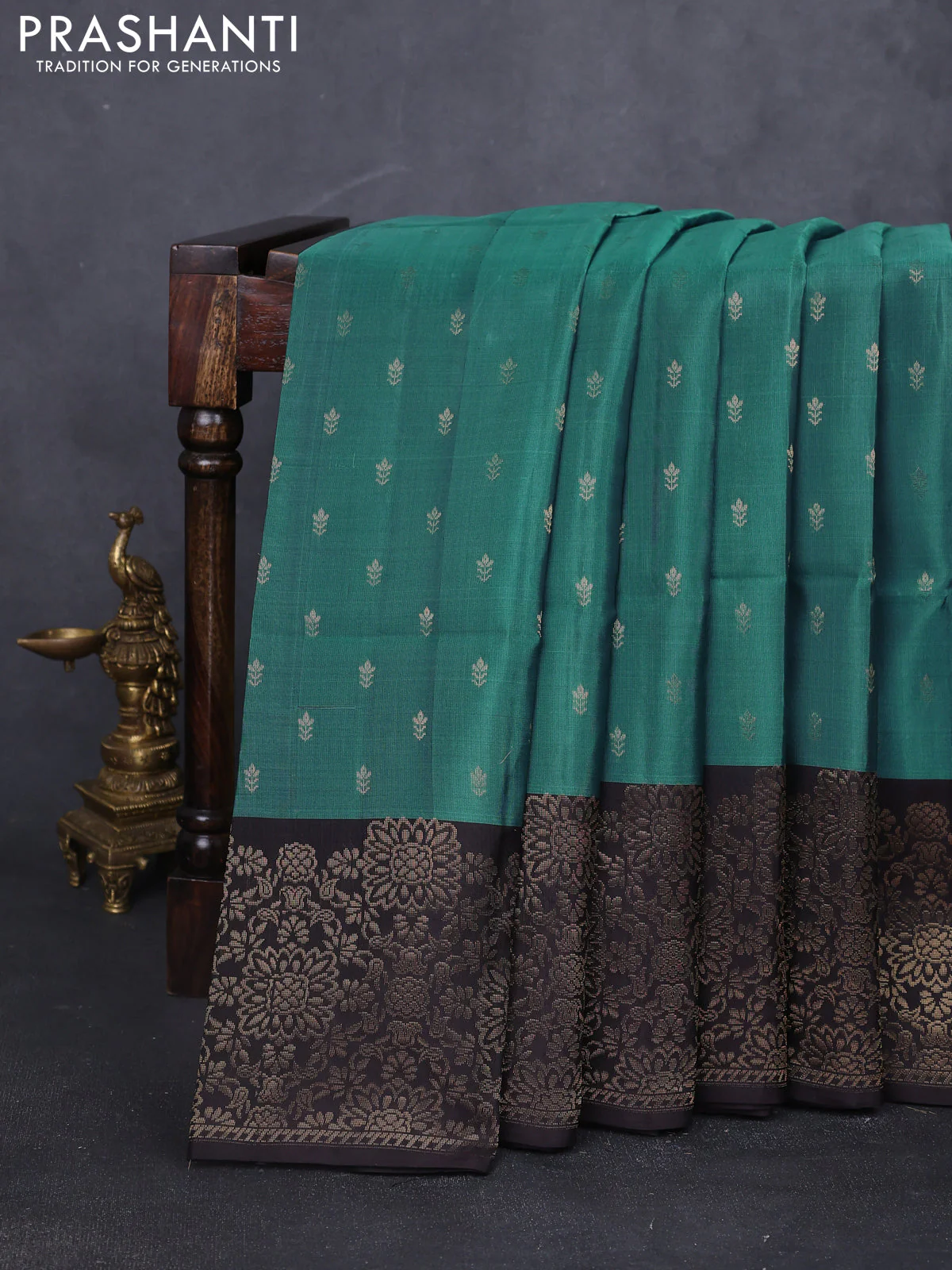 Kanchipuram soft silk saree teal green shade and deep coffee brown with allover zari woven buttas and zari woven border