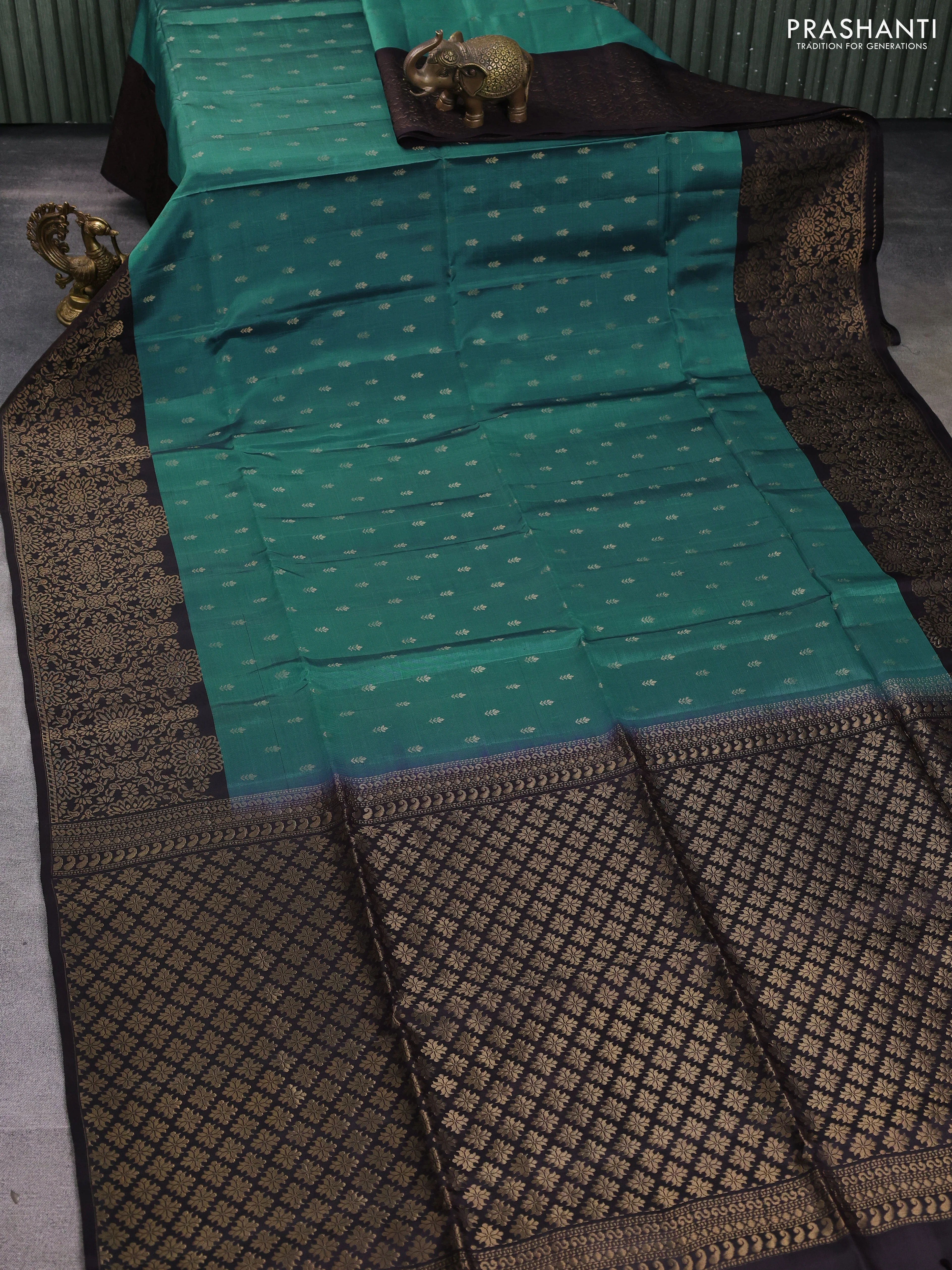 Kanchipuram soft silk saree teal green shade and deep coffee brown with allover zari woven buttas and zari woven border - Image 2