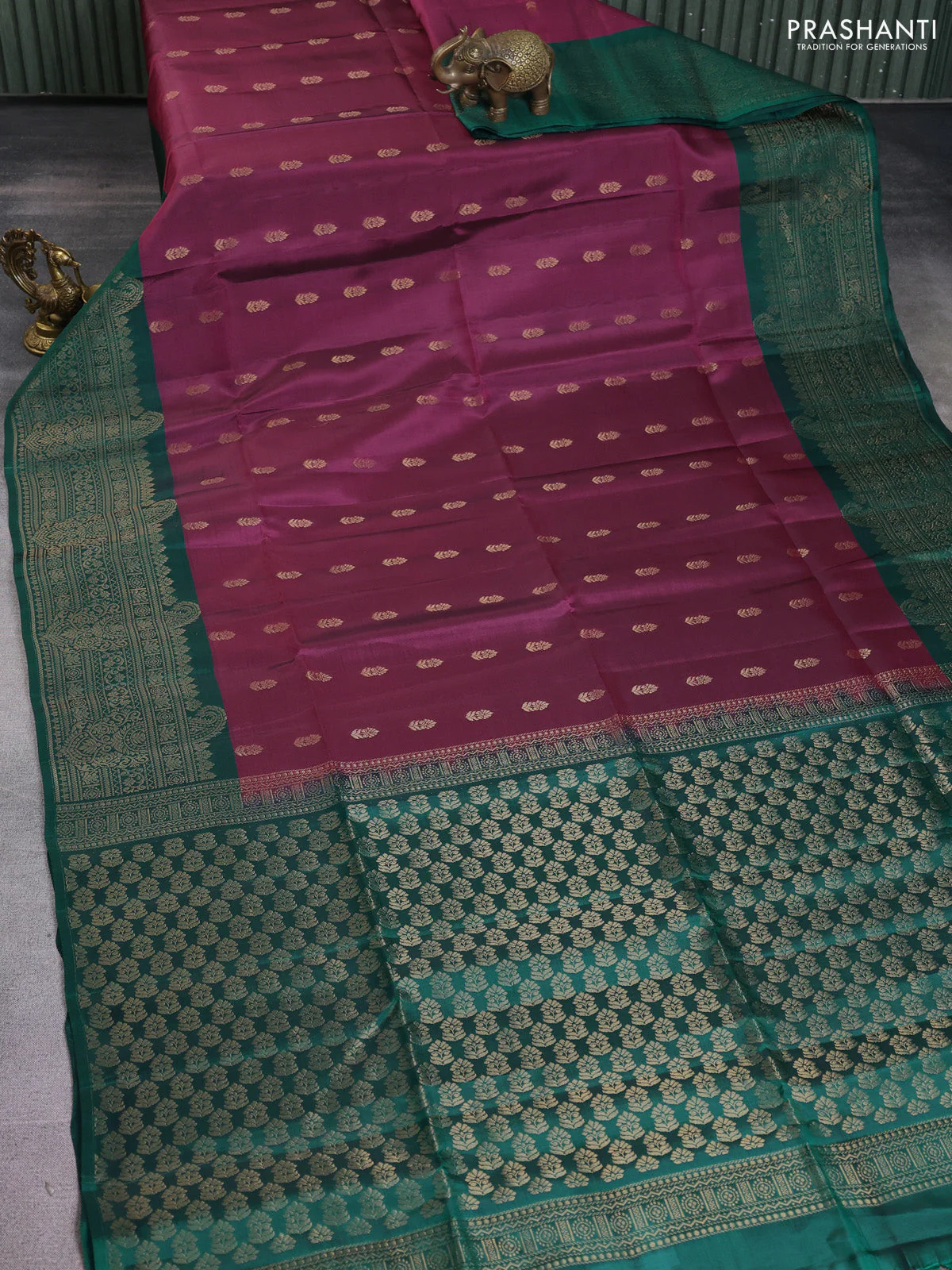 Kanchipuram soft silk saree wine shade and peacock green with allover zari woven buttas and long zari woven border - Image 2