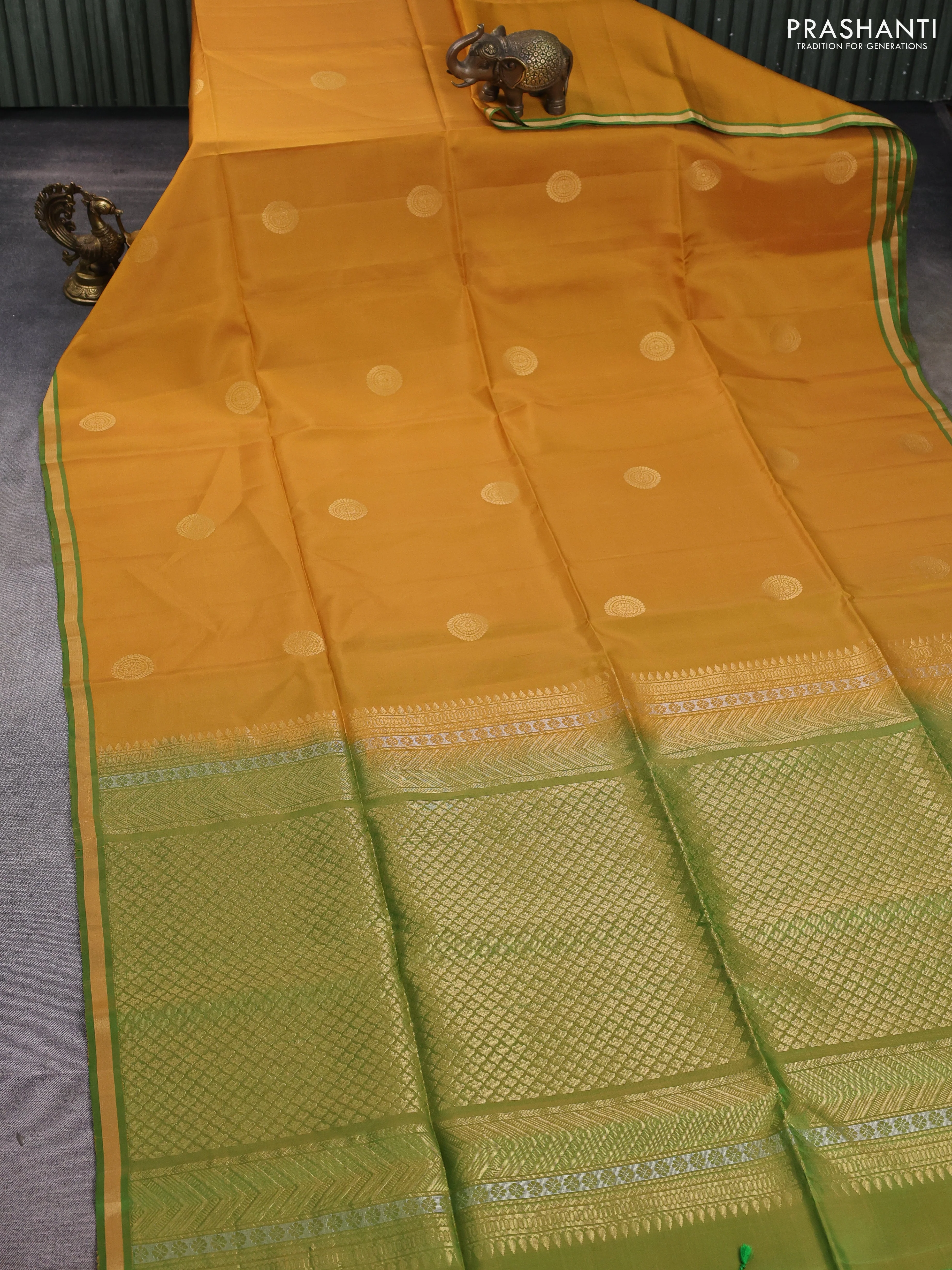 Kanchipuram soft silk saree yellow and green with zari woven buttas and zari woven border - Image 2