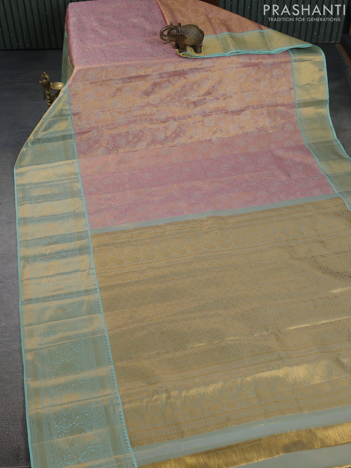 Kanchipuram tissue silk saree baby pink and teal shade with allover zari woven brocade weaves and long zari woven border - Image 2