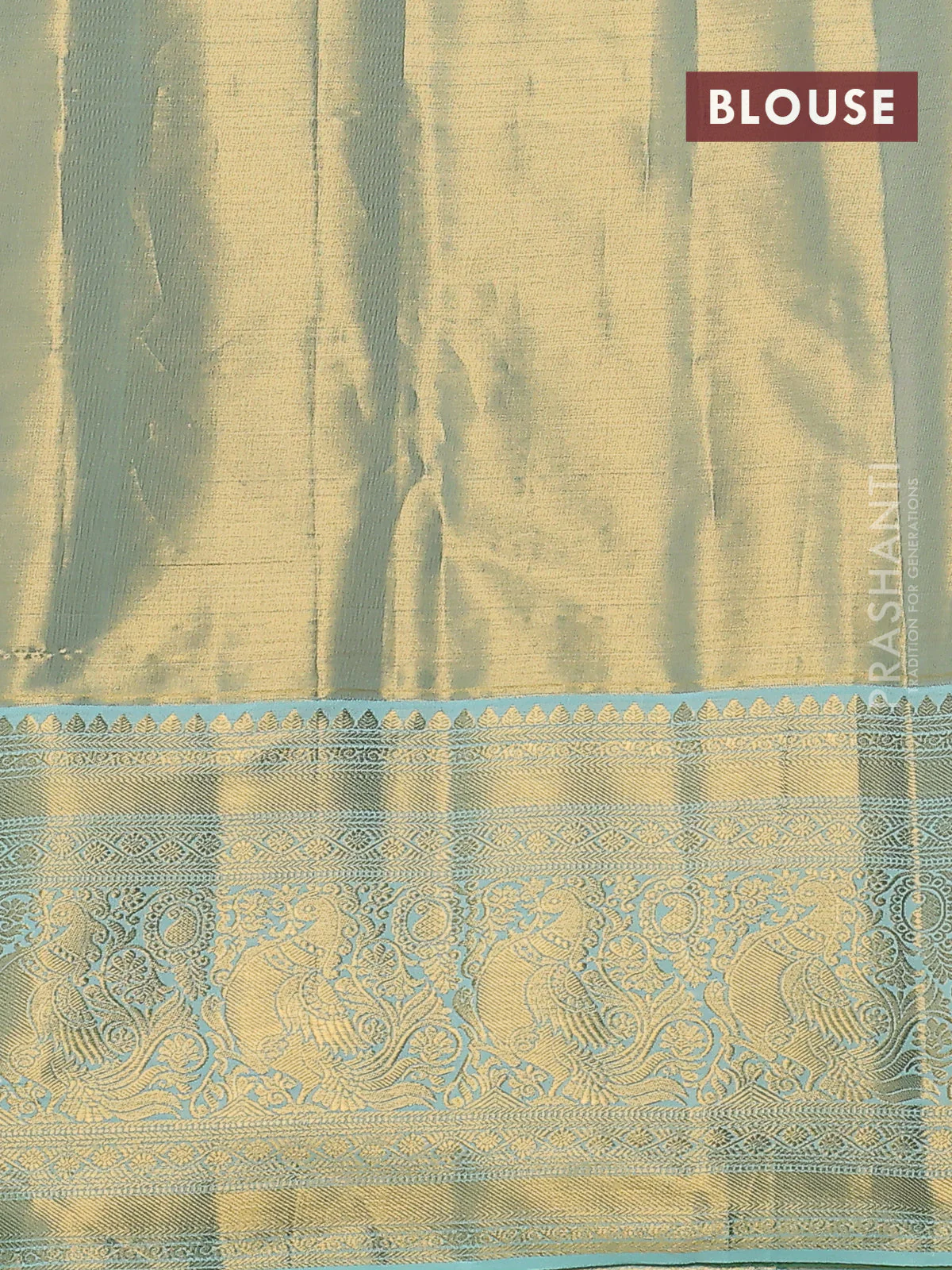 Kanchipuram tissue silk saree baby pink and teal shade with allover zari woven brocade weaves and long zari woven border - Image 3