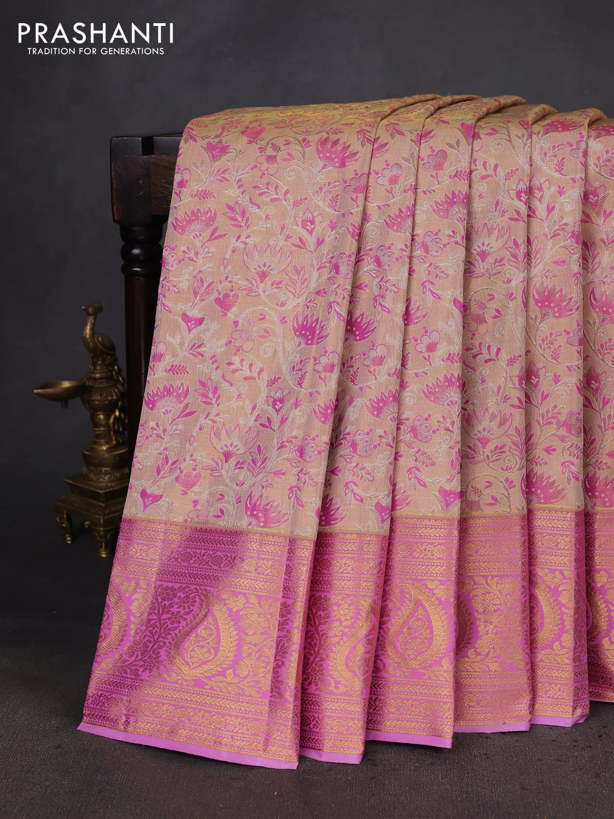 Kanchipuram tissue silk saree beige and pink with allover zari woven brocade weaves and zari woven border