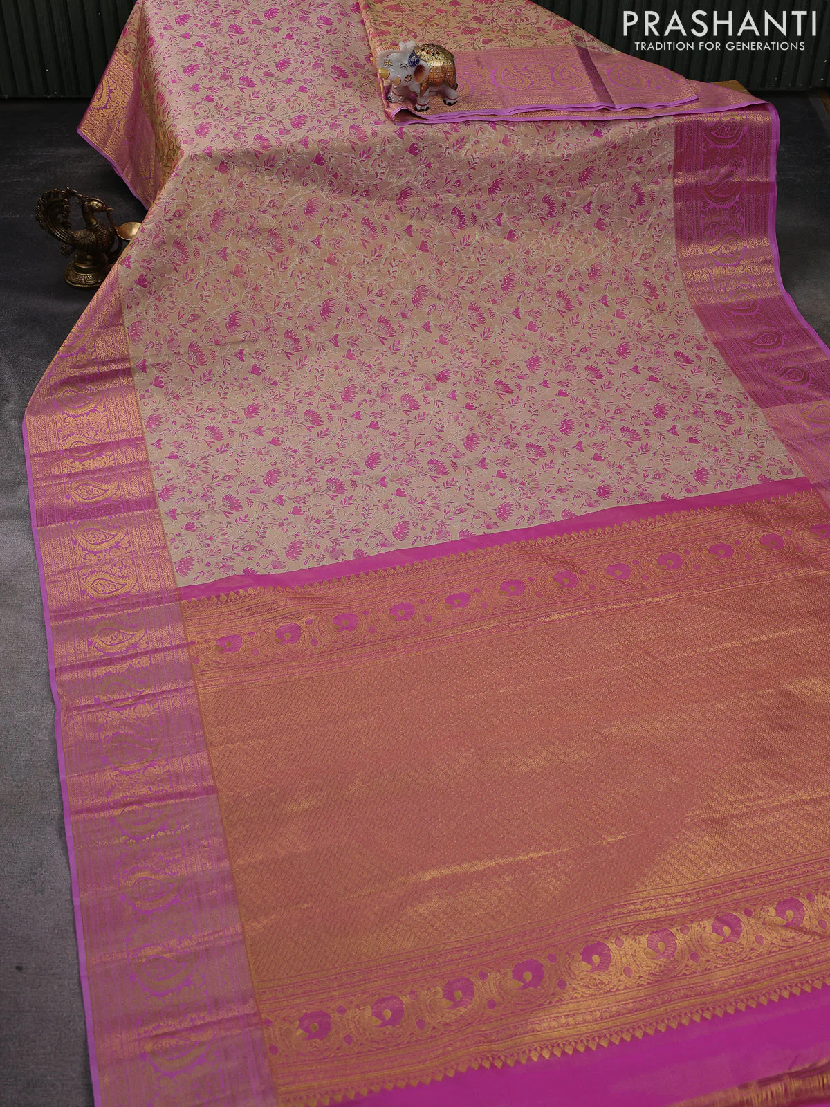 Kanchipuram tissue silk saree beige and pink with allover zari woven brocade weaves and zari woven border - Image 2