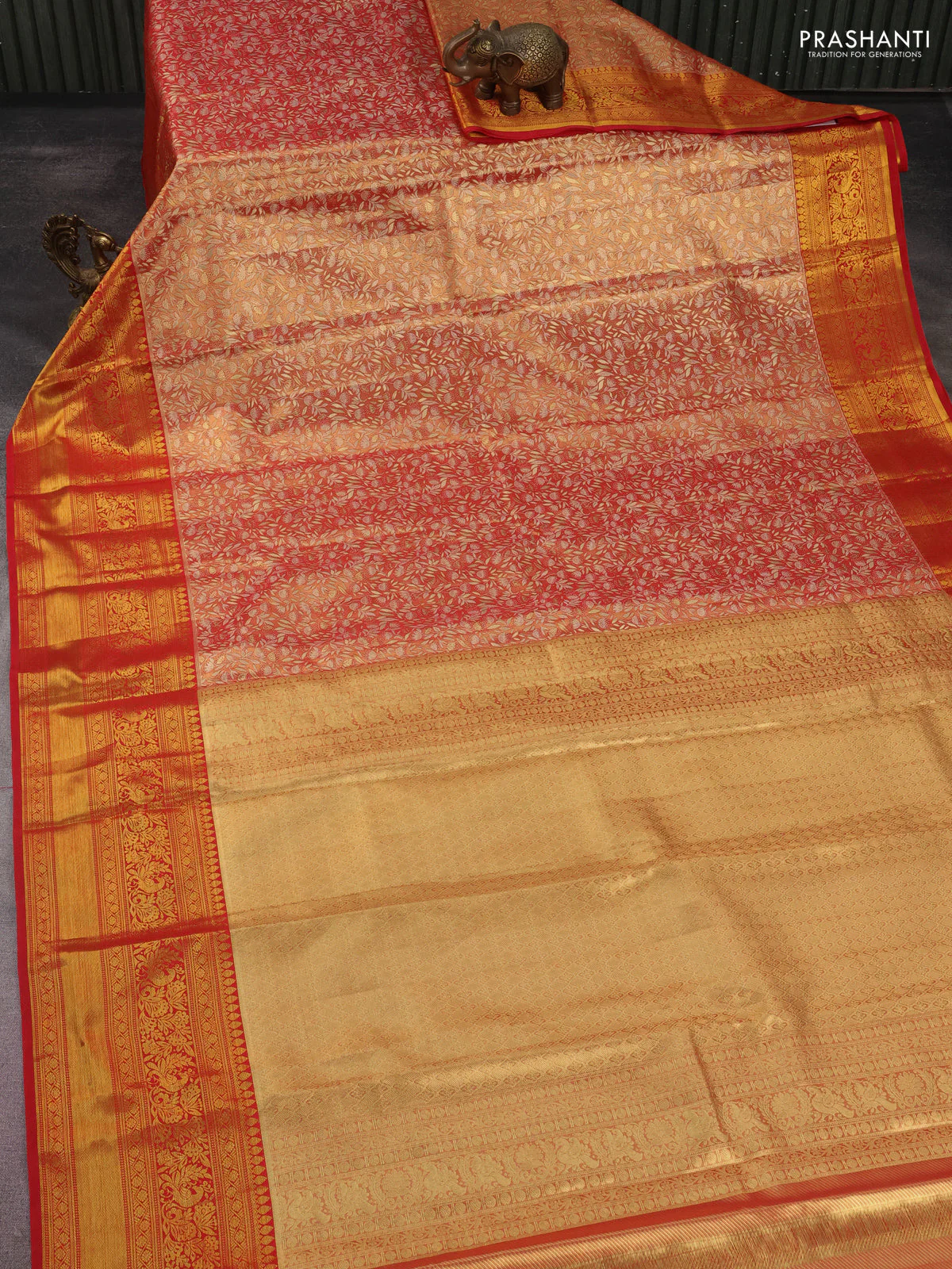 Kanchipuram tissue silk saree dual shade of golden red and red with allover zari woven brocade weaves and long rich zari woven border - Image 2