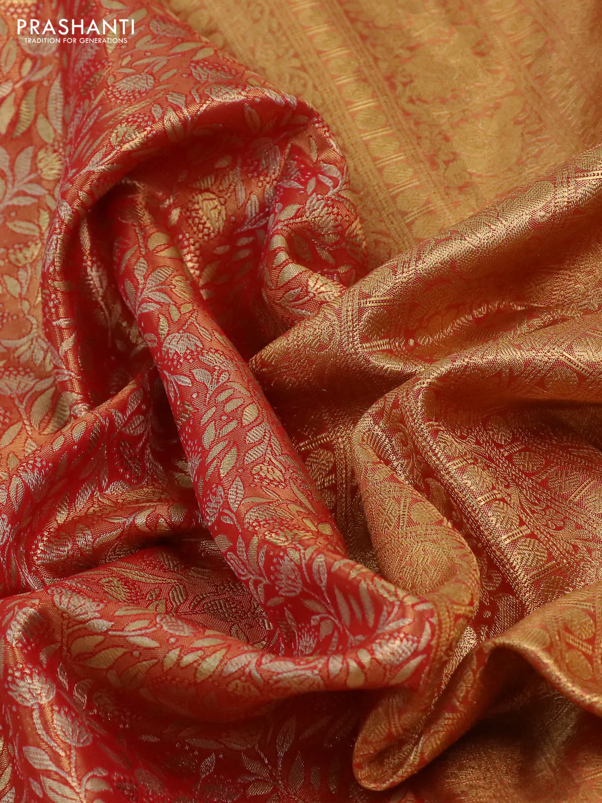 Kanchipuram tissue silk saree dual shade of golden red and red with allover zari woven brocade weaves and long rich zari woven border - Image 3