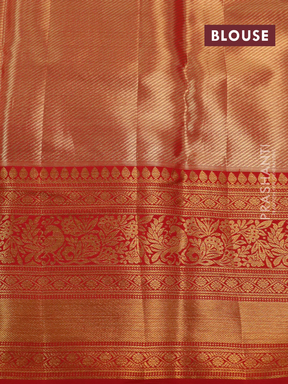 Kanchipuram tissue silk saree dual shade of golden red and red with allover zari woven brocade weaves and long rich zari woven border - Image 4