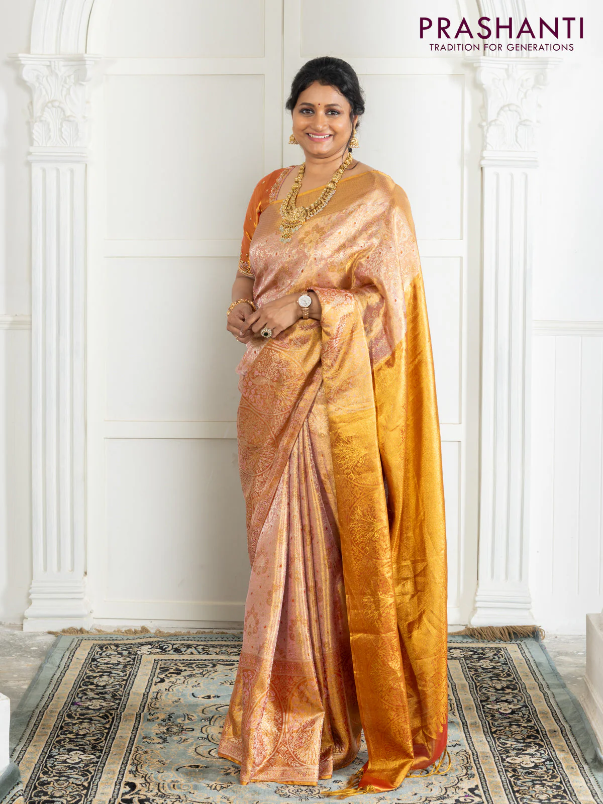 Kanchipuram tissue silk saree dual shade of pink and red with allover zari woven brocade weaves and zari woven border - Image 2