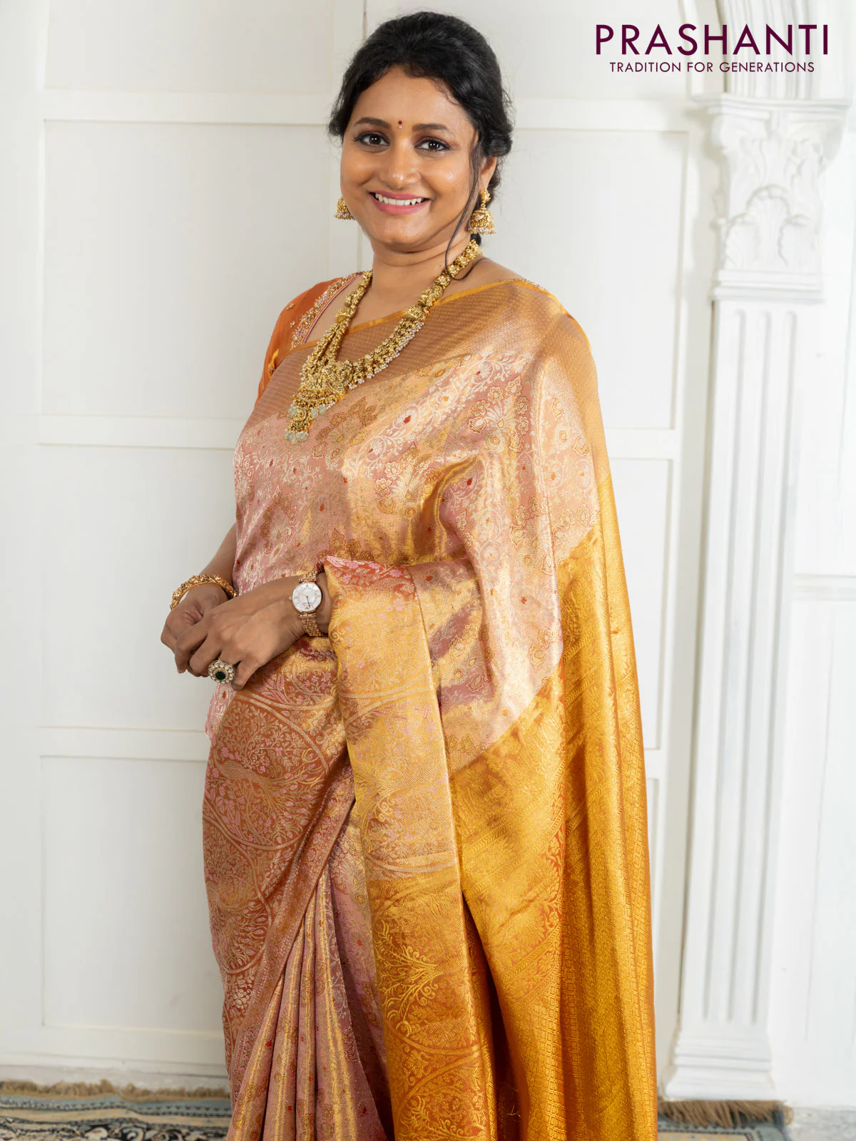 Kanchipuram tissue silk saree dual shade of pink and red with allover zari woven brocade weaves and zari woven border - Image 3
