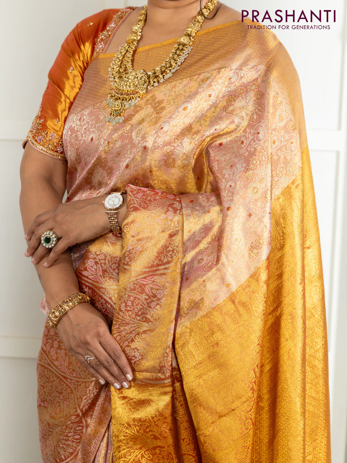 Kanchipuram tissue silk saree dual shade of pink and red with allover zari woven brocade weaves and zari woven border - Image 4