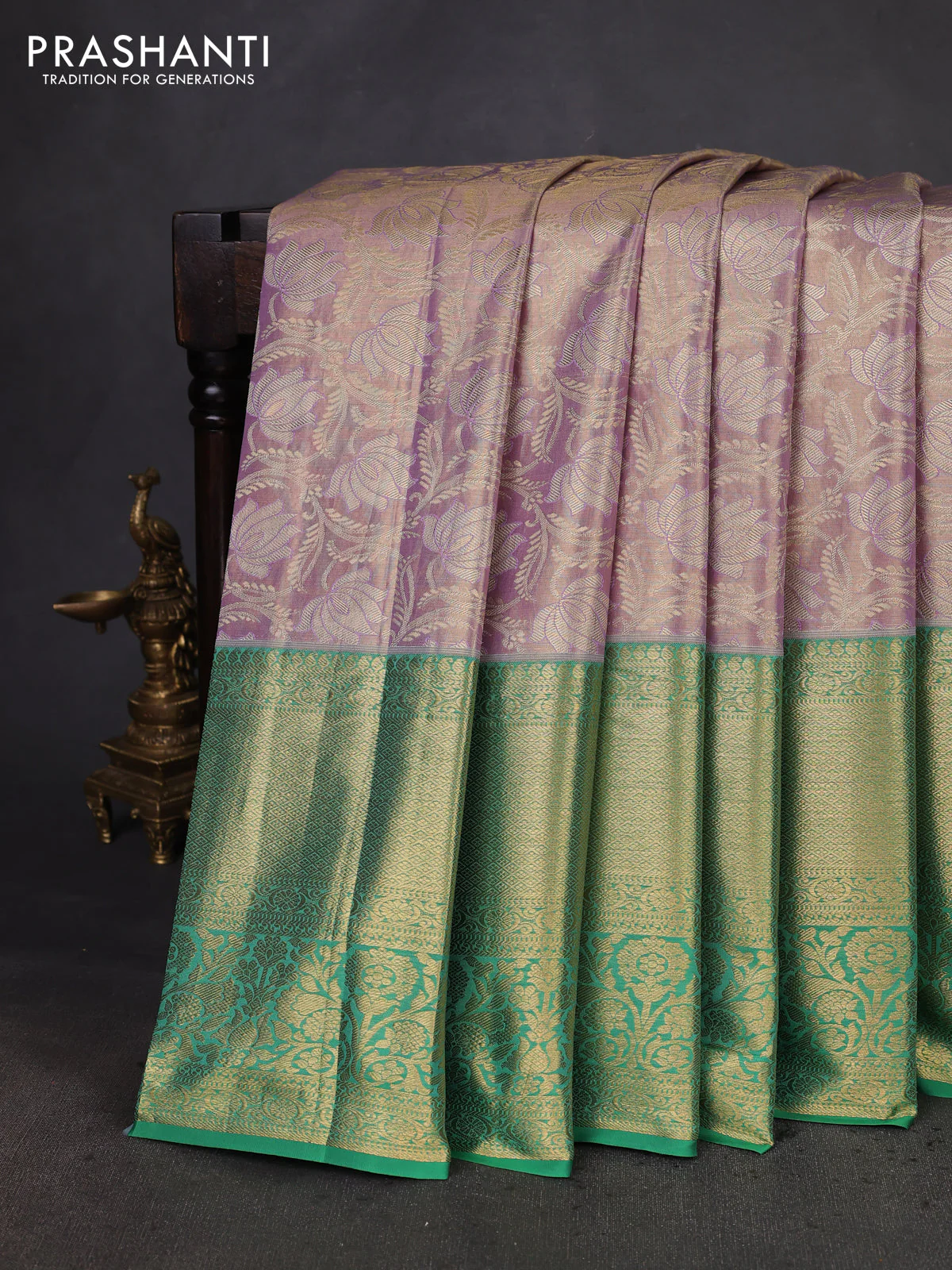 Kanchipuram tissue silk saree lavender and green with allover zari woven brocade weaves and zari woven border