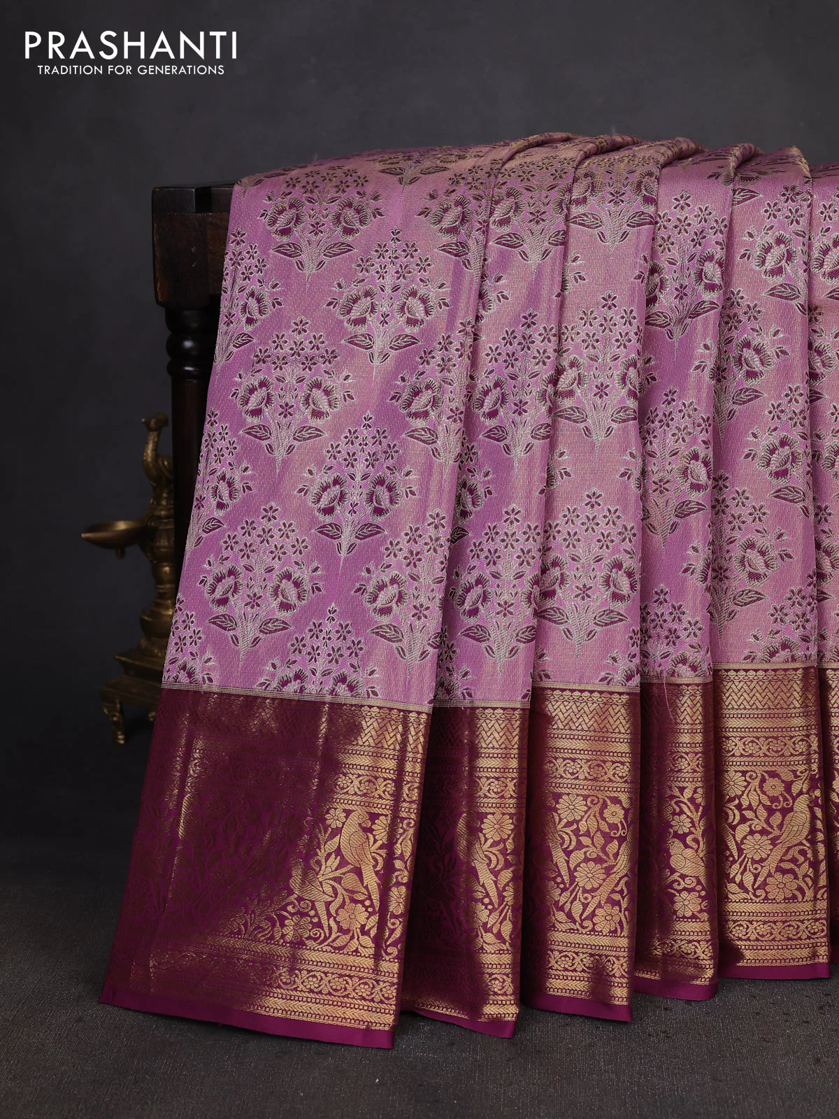 Kanchipuram tissue silk saree lavender and purple with allover zari woven brocade weaves and zari woven border