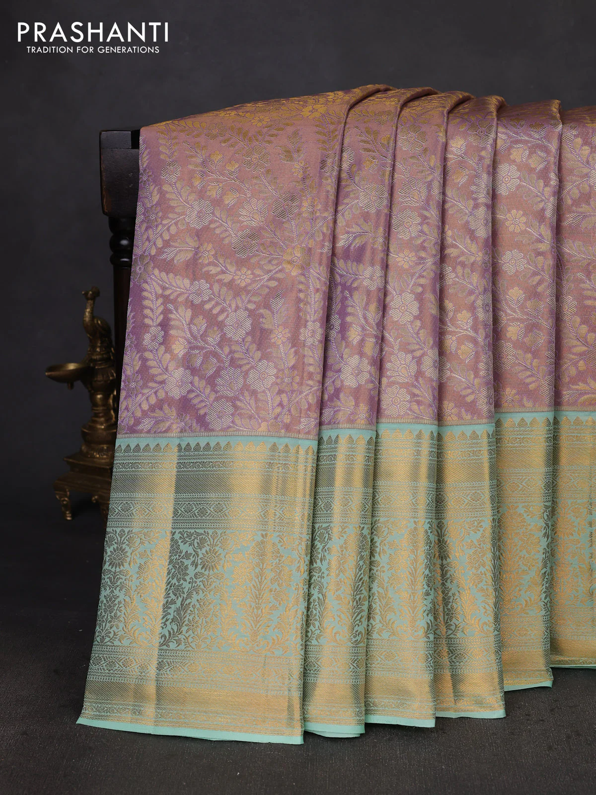 Kanchipuram tissue silk saree lavender and teal shade with allover zari woven brocade weaves and zari woven border