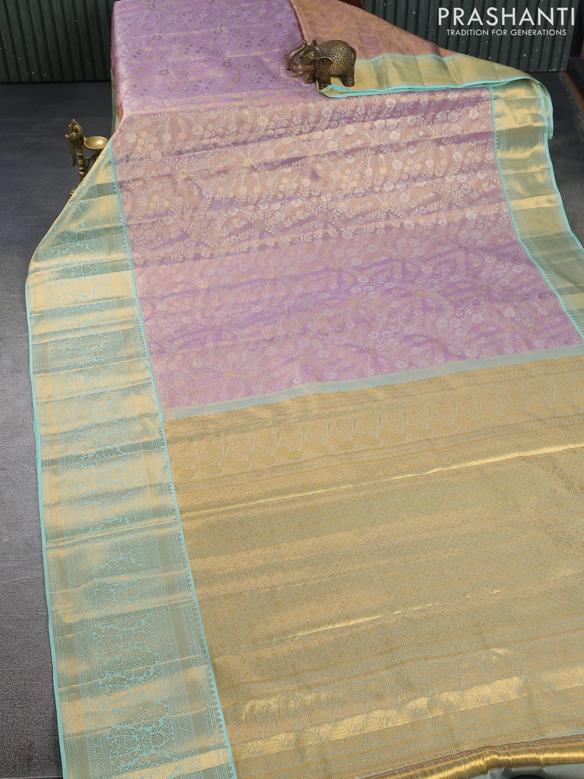 Kanchipuram tissue silk saree lavender and teal shade with allover zari woven brocade weaves and zari woven border - Image 2