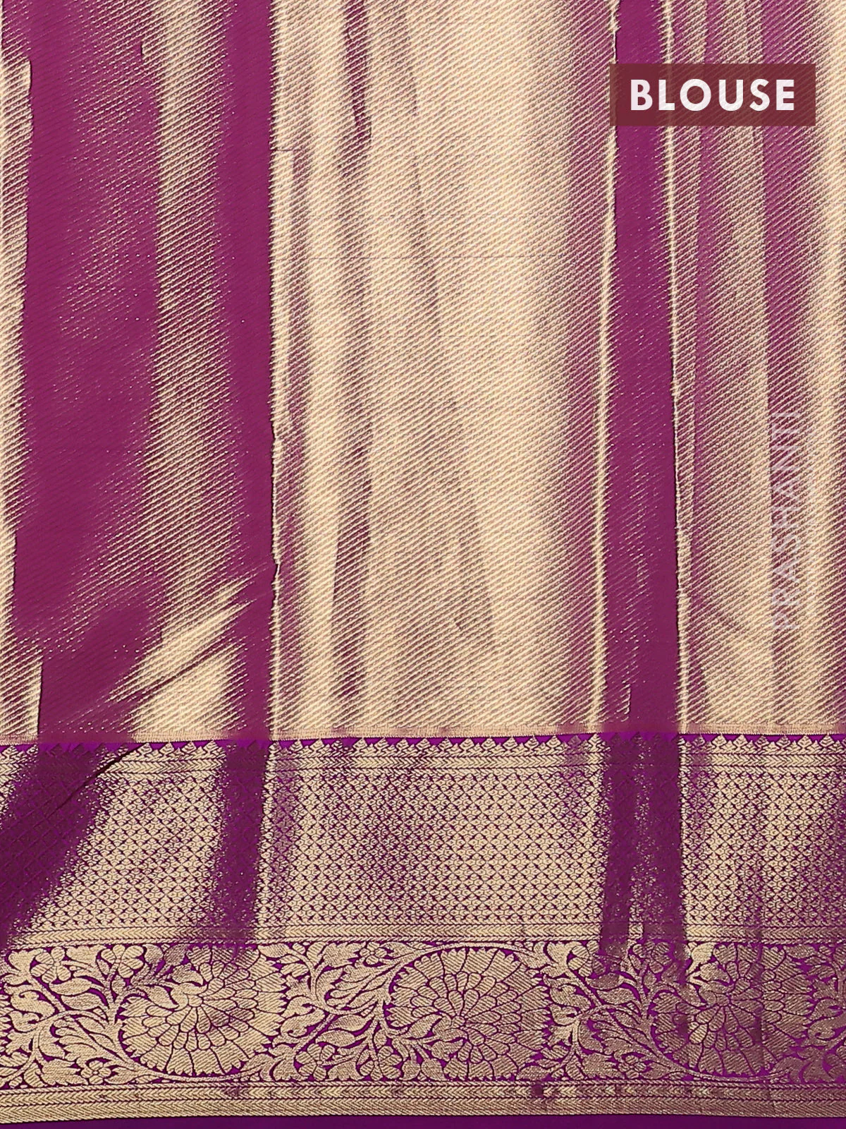 Kanchipuram tissue silk saree light green and purple with allover zari woven brocade weaves and zari woven border - Image 3