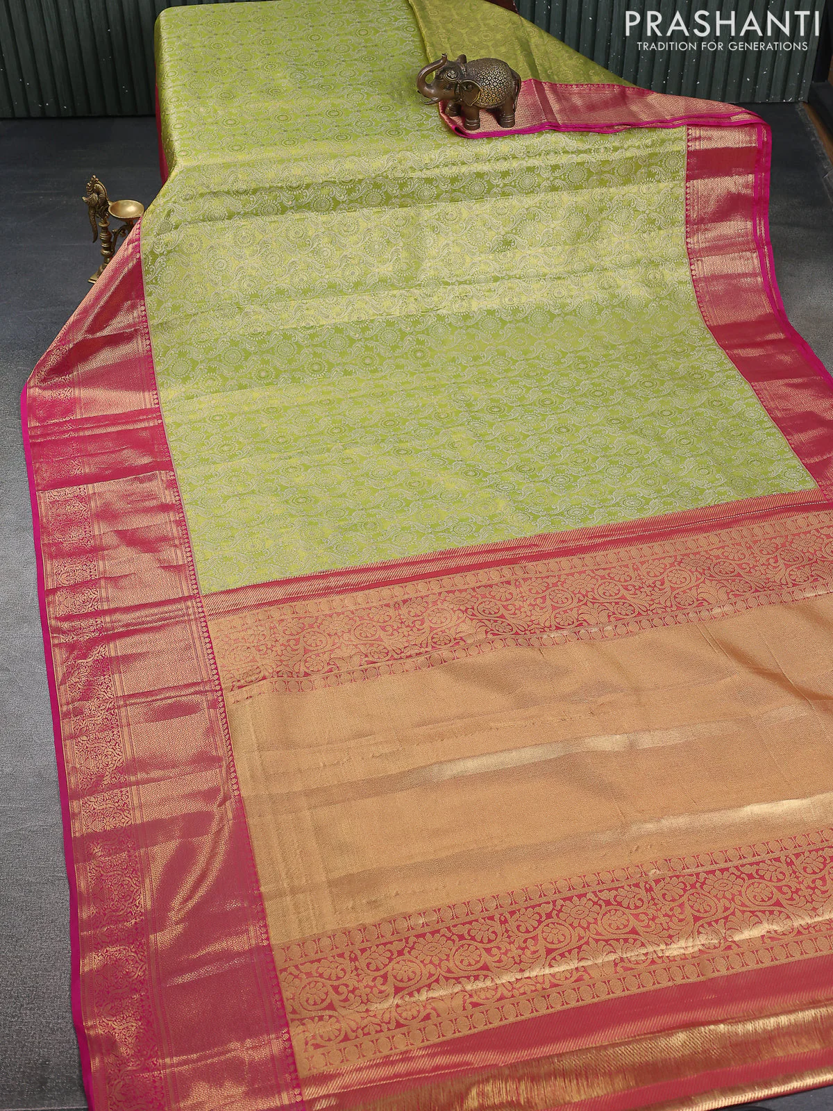 Kanchipuram tissue silk saree lime green and pink with allover zari woven brocade weaves and zari woven border - Image 2