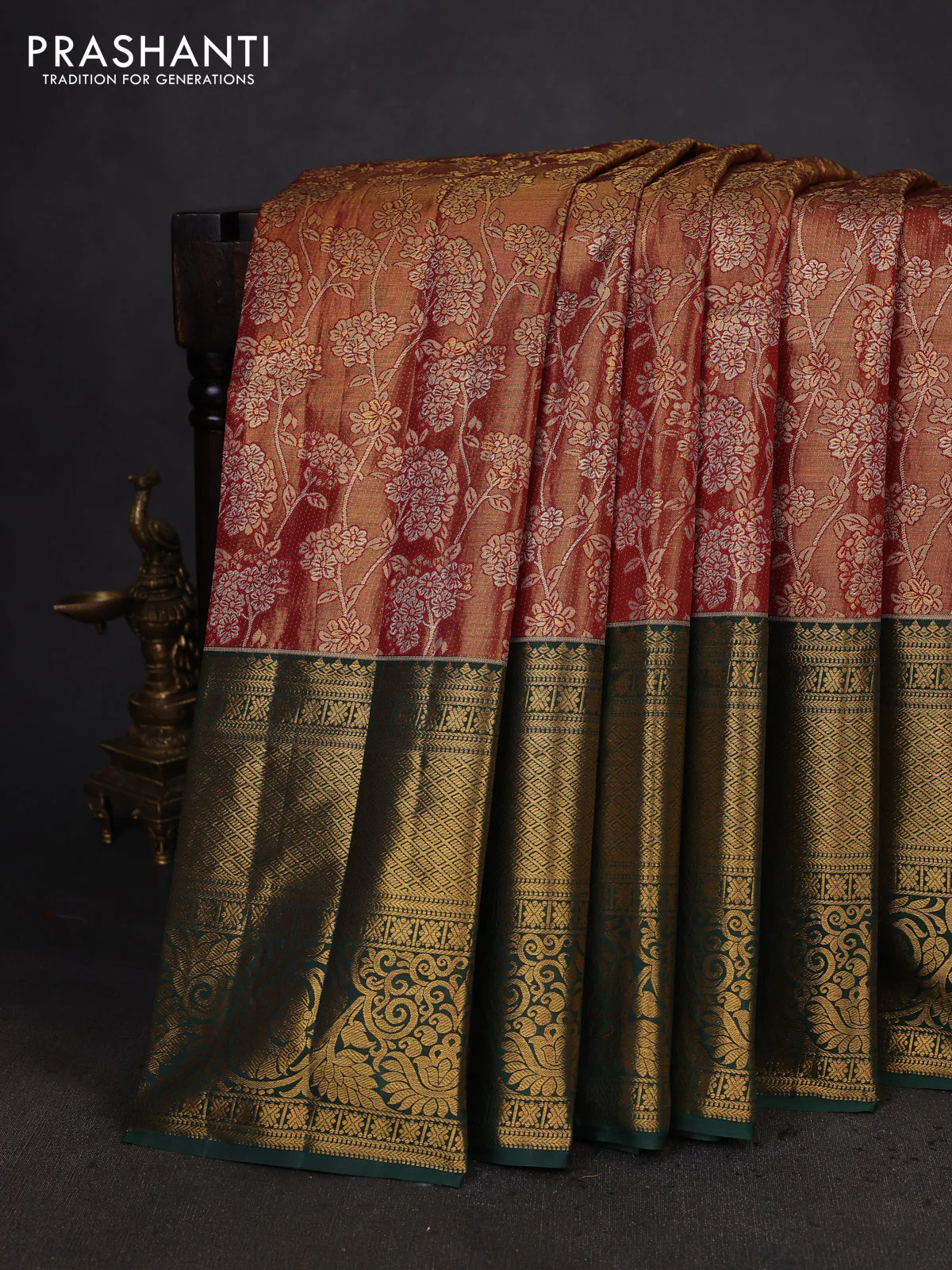 Kanchipuram tissue silk saree maroon and green with allover zari woven brocade weaves and long zari woven border