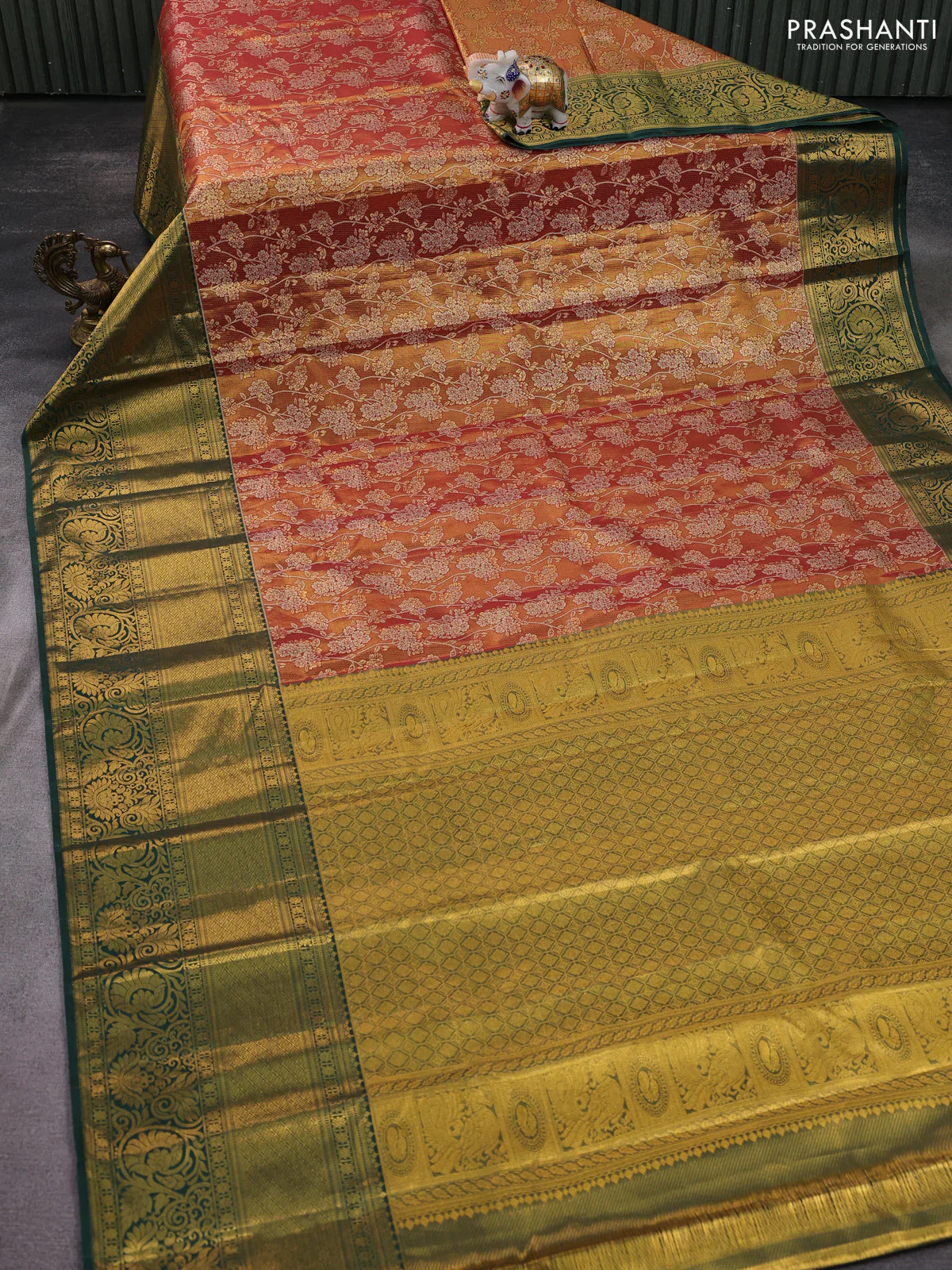 Kanchipuram tissue silk saree maroon and green with allover zari woven brocade weaves and long zari woven border - Image 2