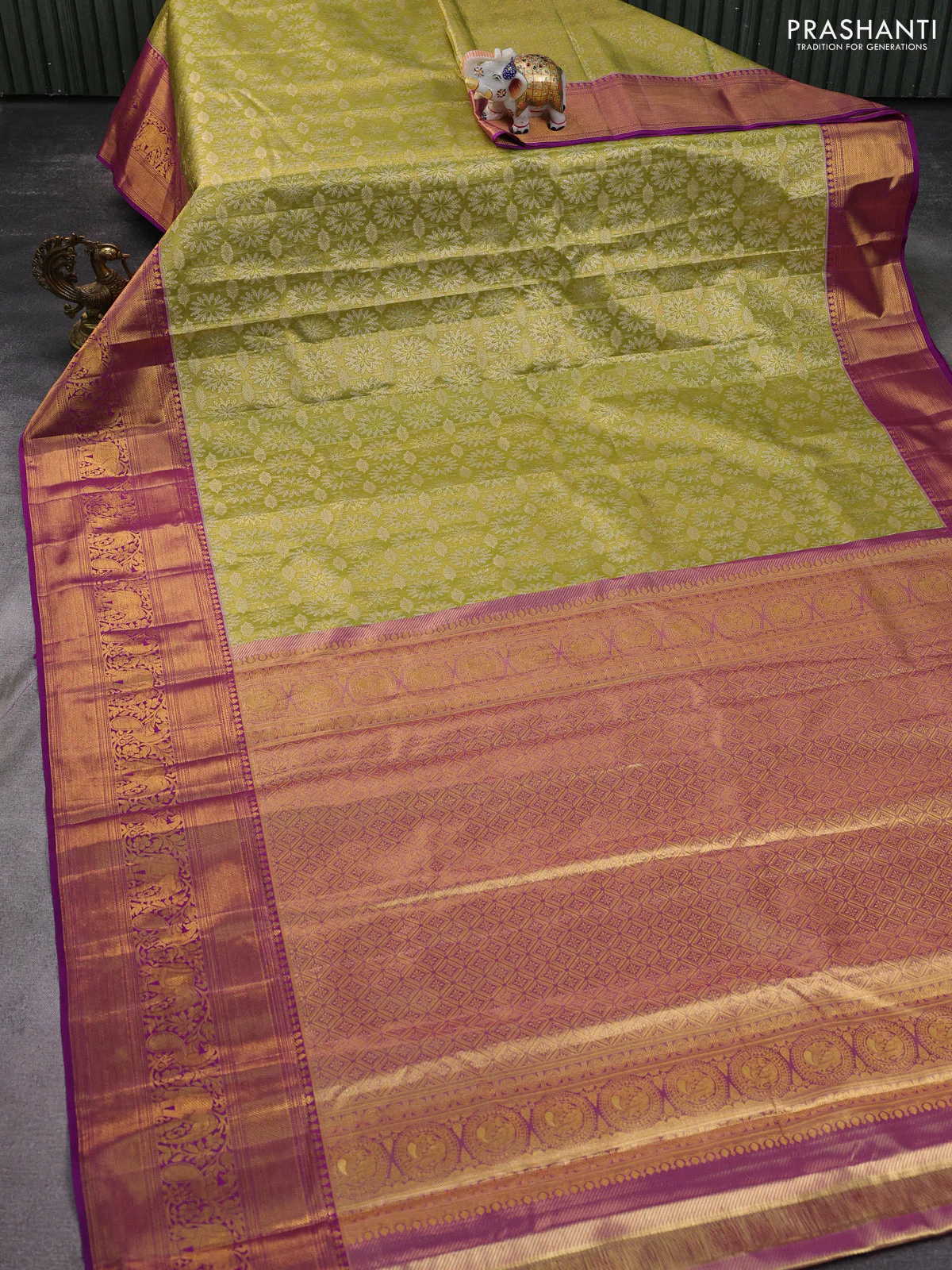 Kanchipuram tissue silk saree mehendi green and purple with allover zari woven brocade weaves and zari woven border - Image 2