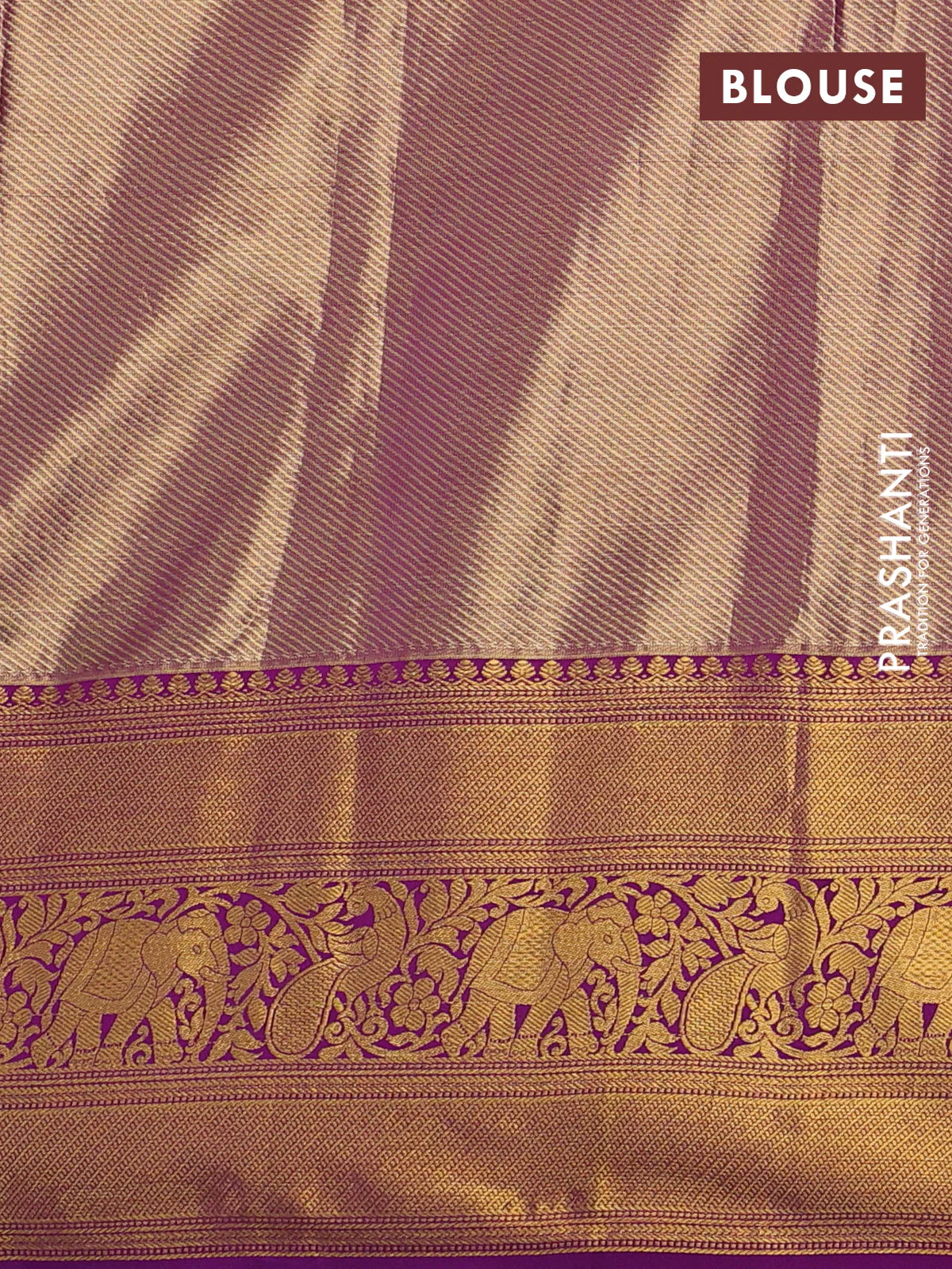 Kanchipuram tissue silk saree mehendi green and purple with allover zari woven brocade weaves and zari woven border - Image 3