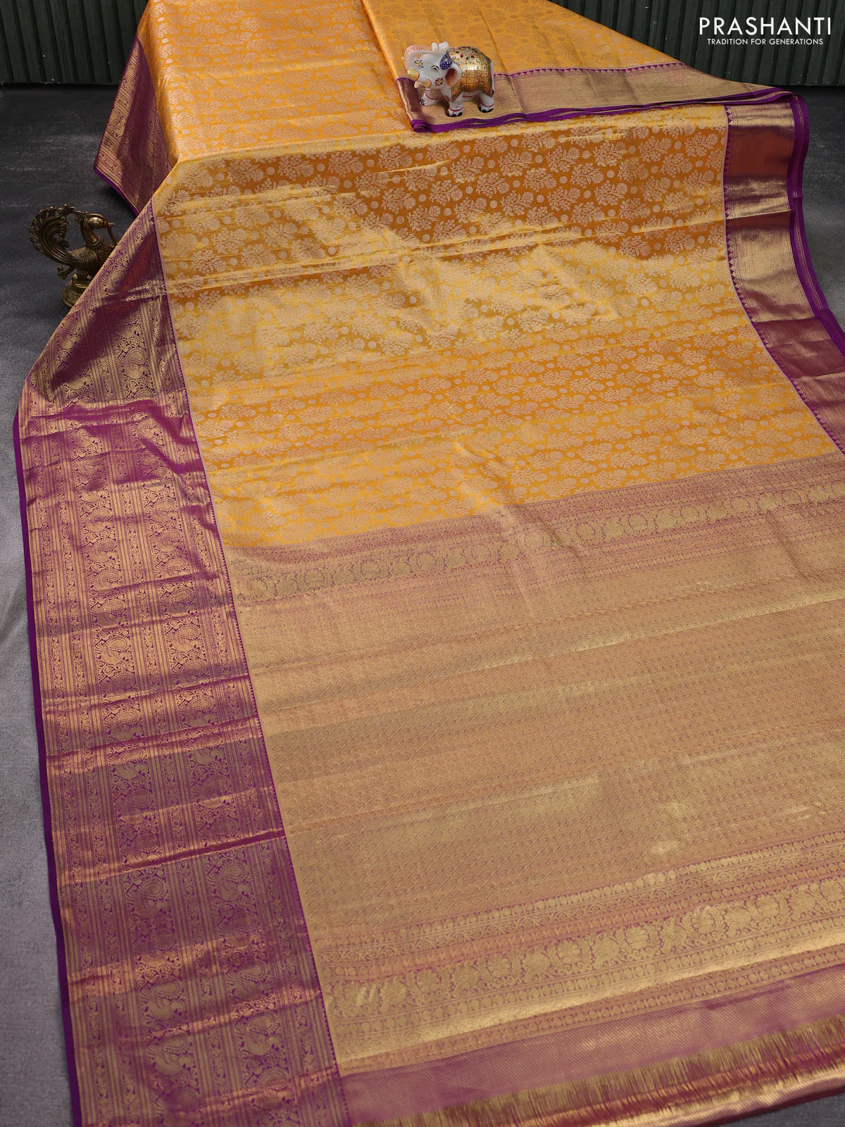 Kanchipuram tissue silk saree mustard yellow and purple with allover zari woven brocade weaves and long zari woven border - Image 2