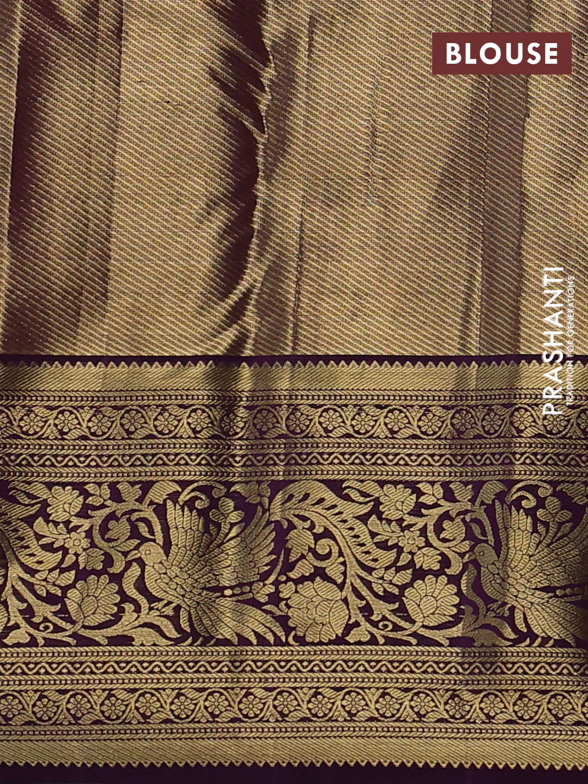 Kanchipuram tissue silk saree orange and deep purple with allover zari woven brocade weaves and long zari woven border - Image 3