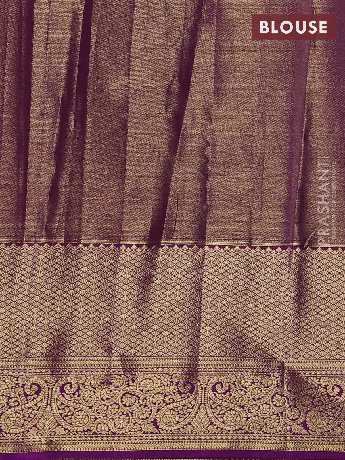 Kanchipuram tissue silk saree orange and purple with allover zari woven brocade weaves and long zari woven border - Image 3