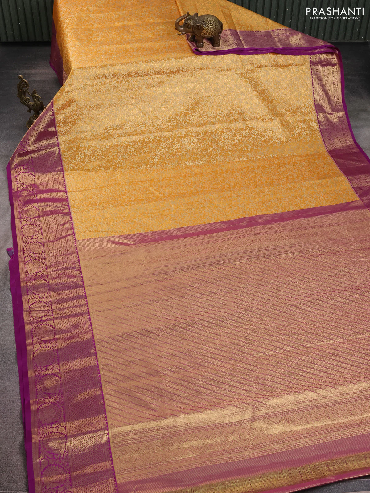 Kanchipuram tissue silk saree orange and purple with allover zari woven brocade weaves and zari woven border - Image 2