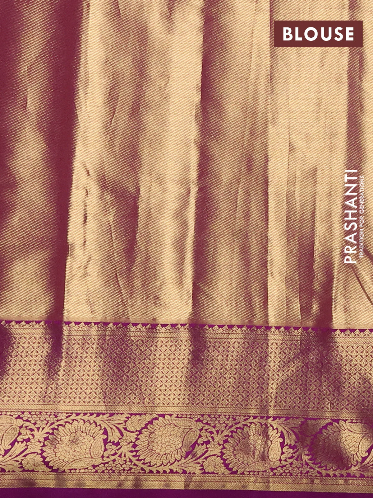 Kanchipuram tissue silk saree orange and purple with allover zari woven brocade weaves and zari woven border - Image 3
