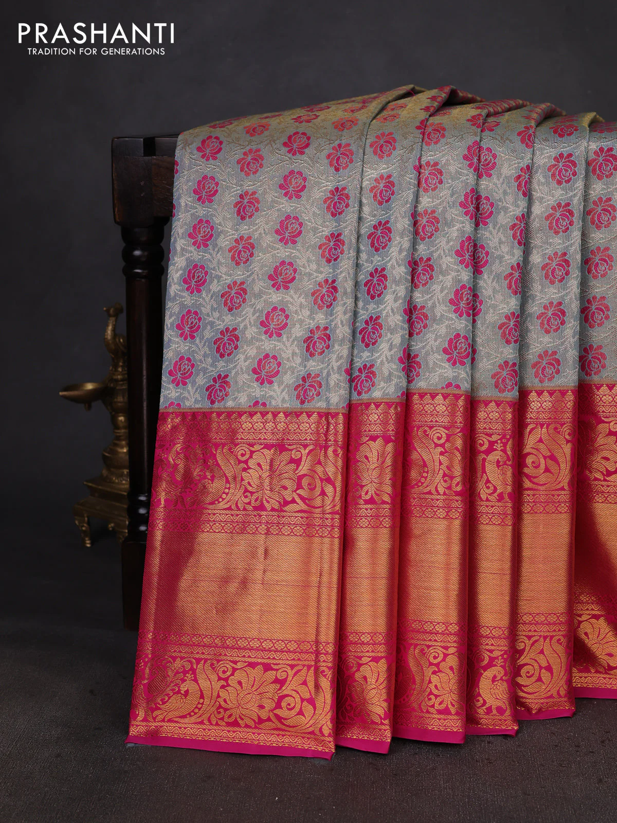 Kanchipuram tissue silk saree pastel blue and pink with allover zari woven brocade weaves and long zari woven border