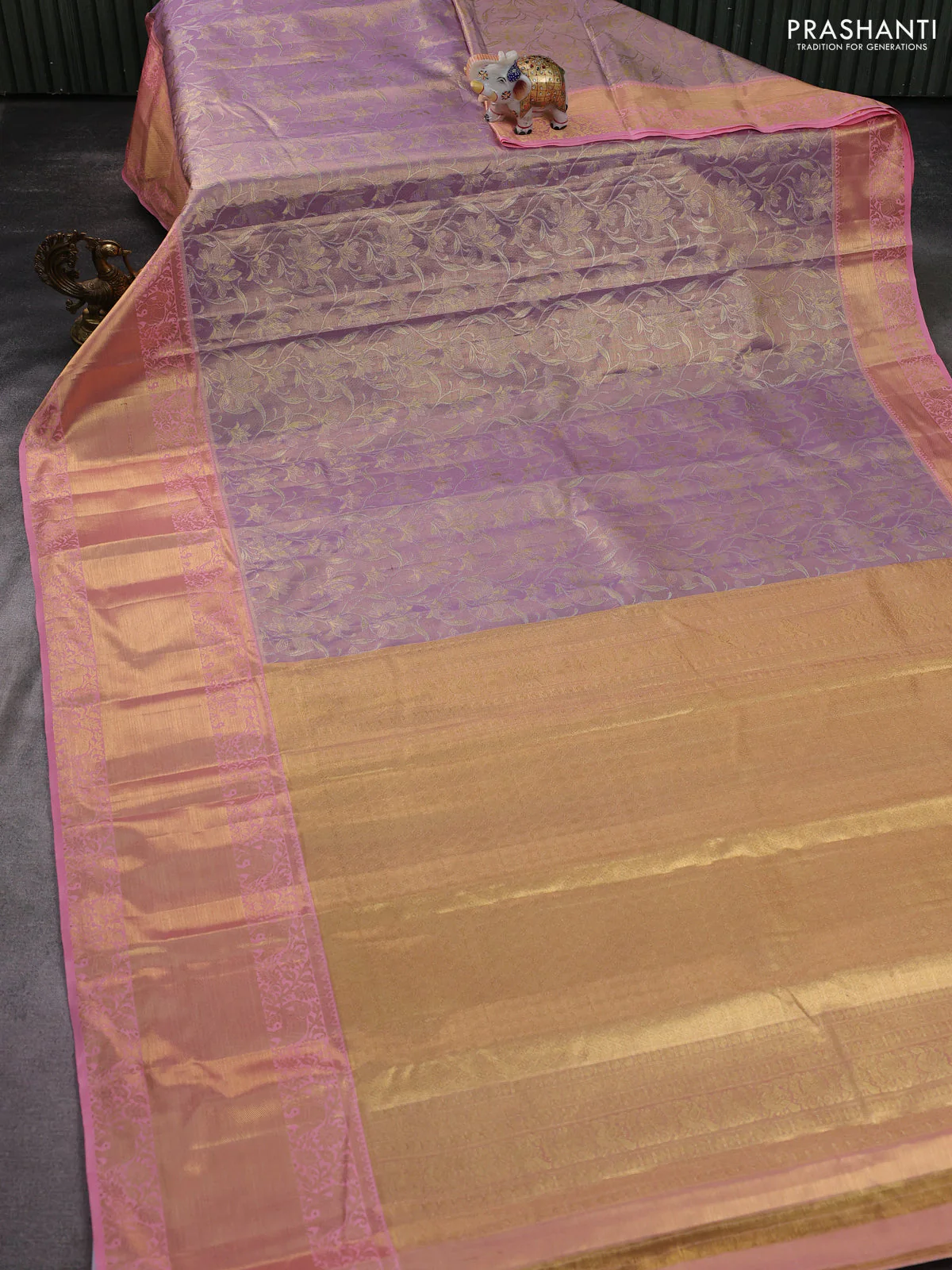 Kanchipuram tissue silk saree pastel lavender and peach pink with allover zari woven brocade weaves and long zari woven border - Image 2