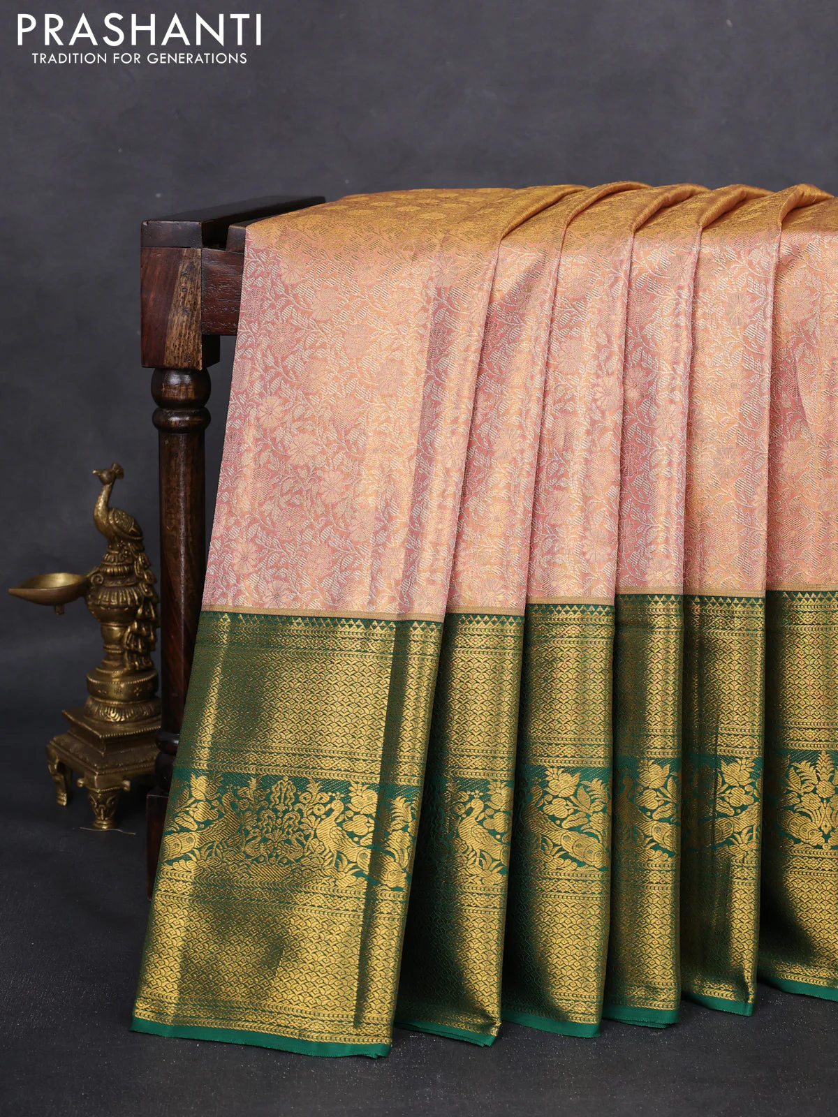 Kanchipuram tissue silk saree peach and green with allover zari woven brocade weaves and long zari woven border