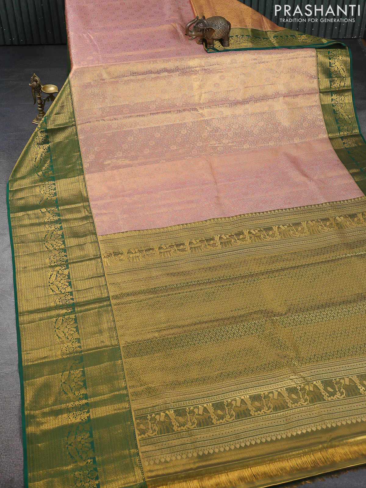Kanchipuram tissue silk saree peach and green with allover zari woven brocade weaves and long zari woven border - Image 2