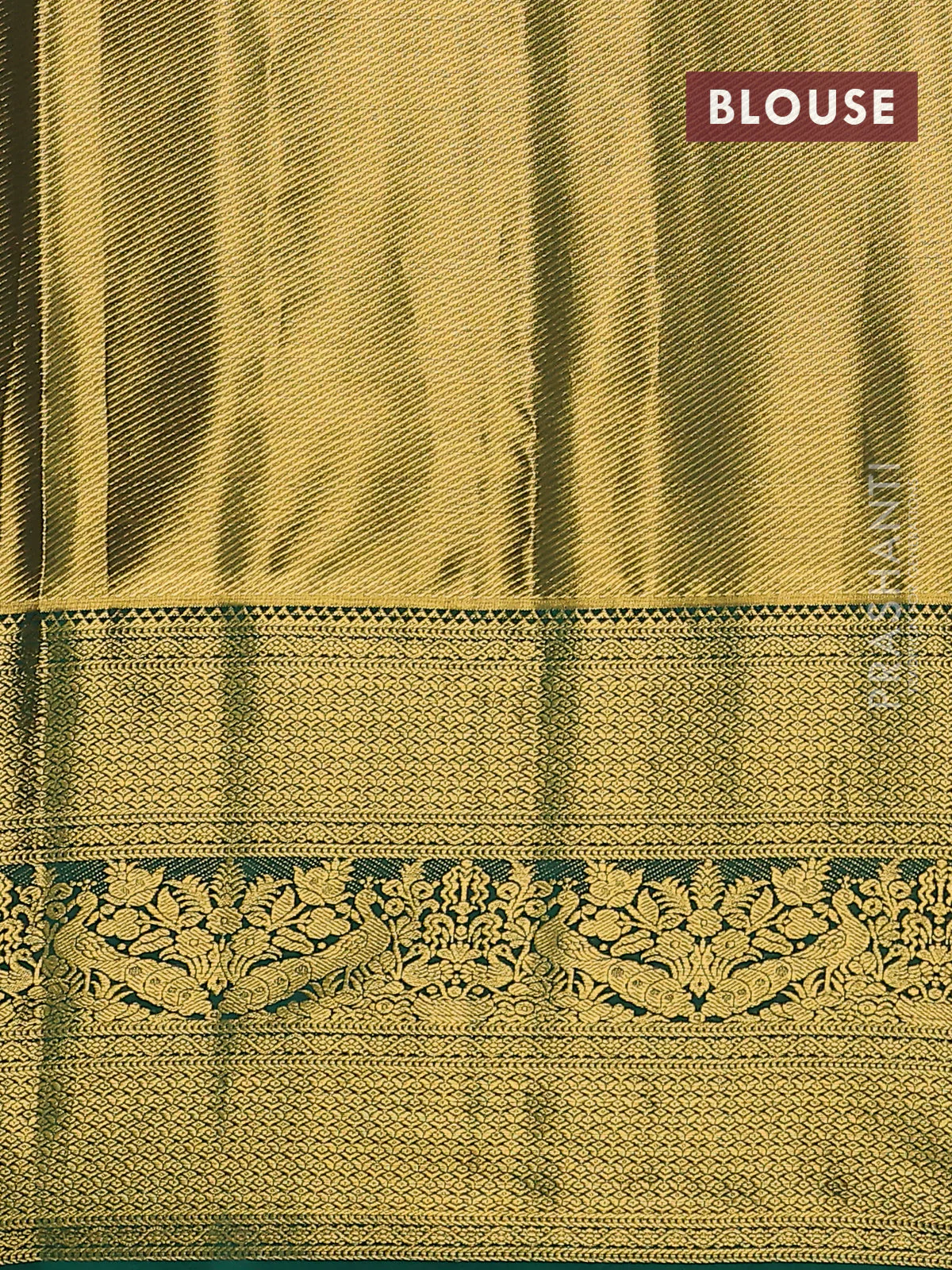 Kanchipuram tissue silk saree peach and green with allover zari woven brocade weaves and long zari woven border - Image 3