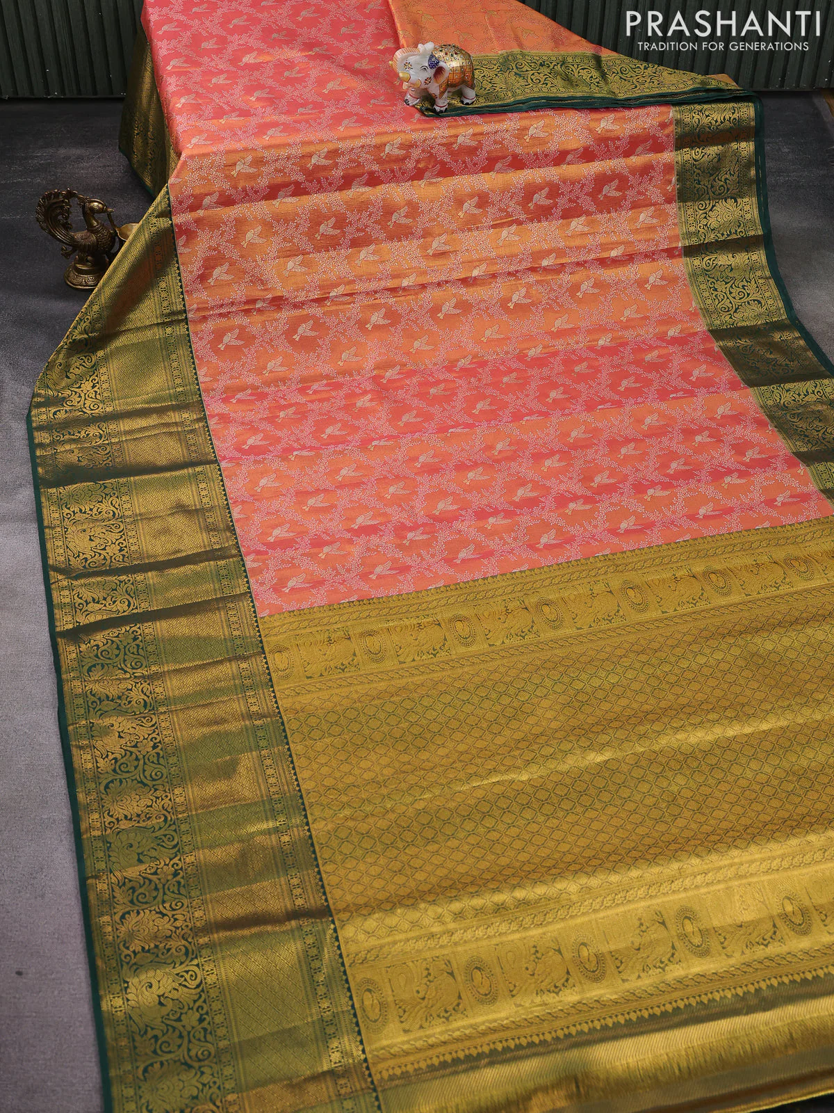 Kanchipuram tissue silk saree peach pink and green with allover zari woven brocade weaves and long zari woven border - Image 2