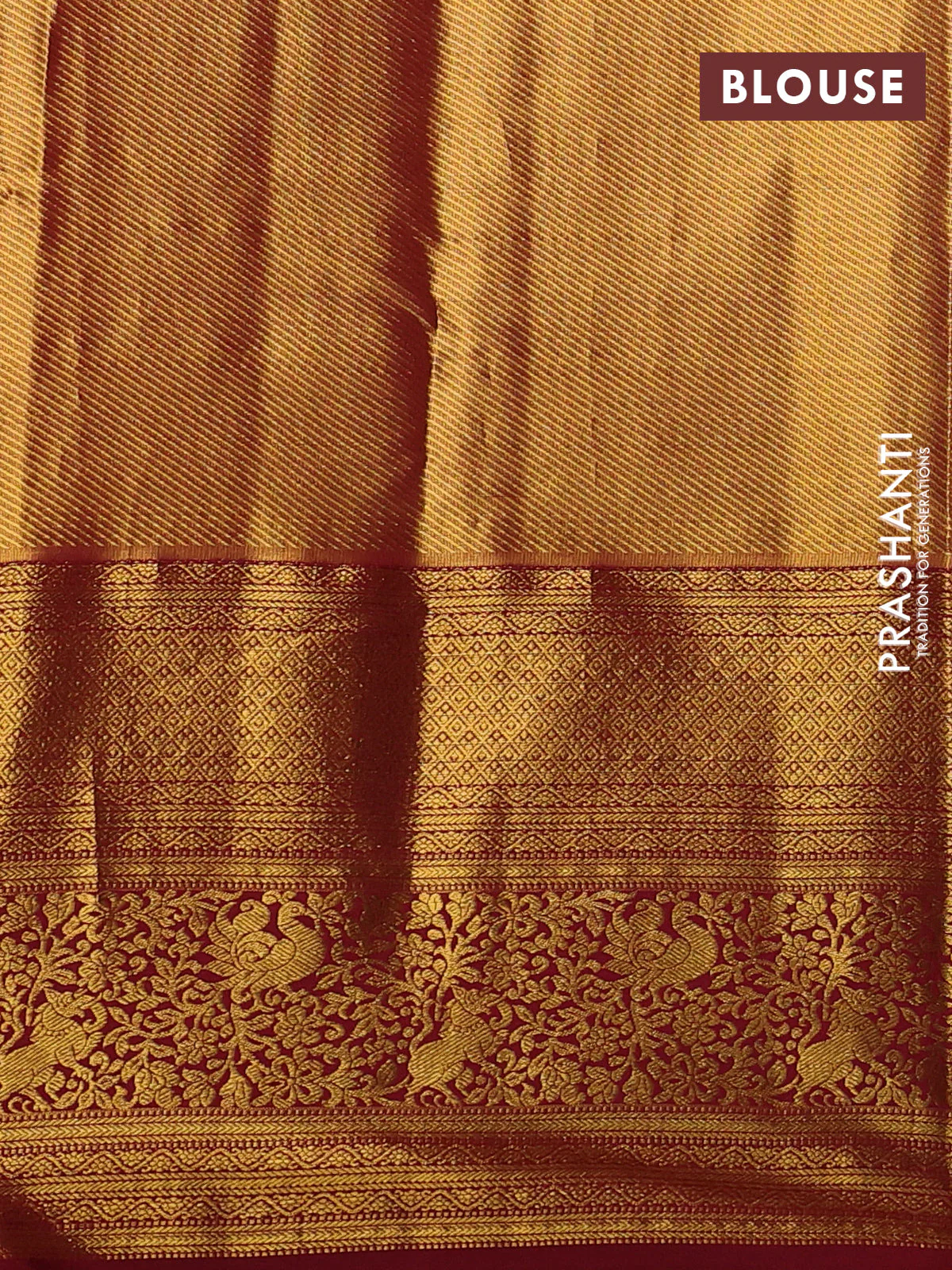 Kanchipuram tissue silk saree peach pink and maroon with allover zari woven brocade weaves and long zari woven border - Image 3