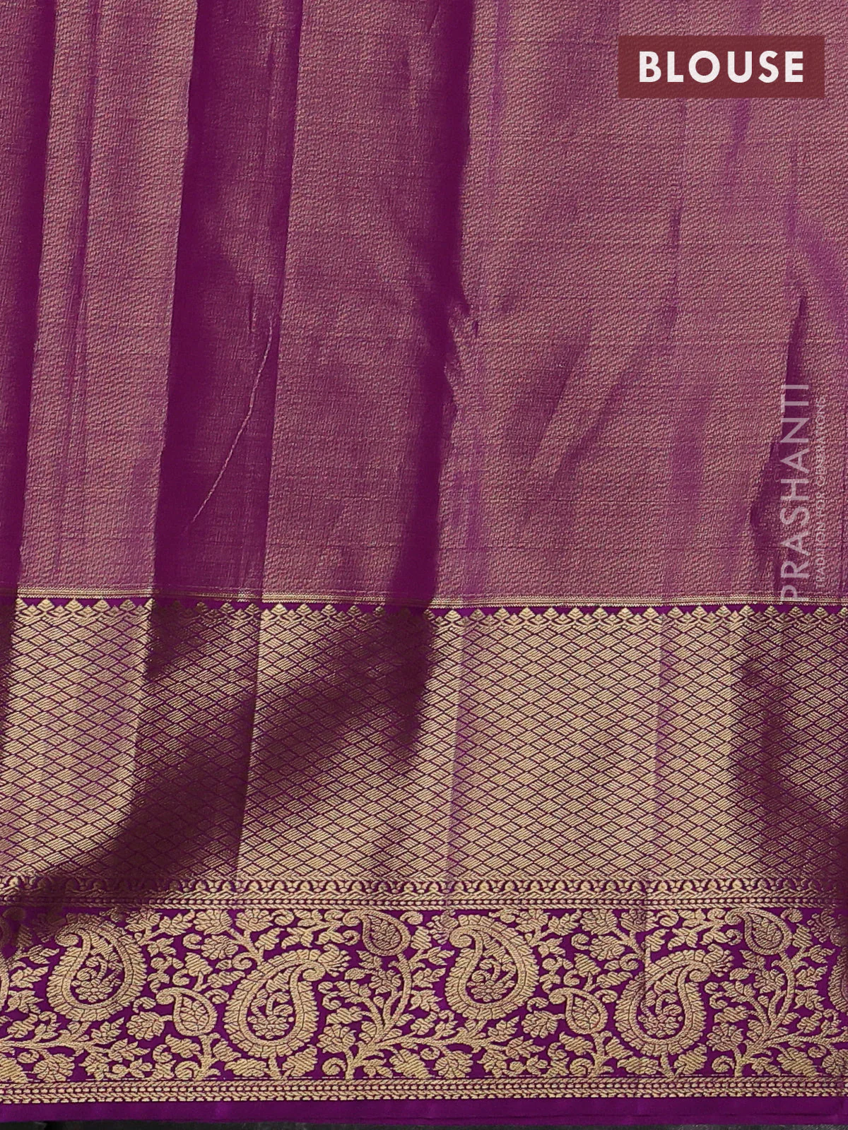 Kanchipuram tissue silk saree peach pink and purple with allover zari woven brocade weaves and long zari woven border - Image 3