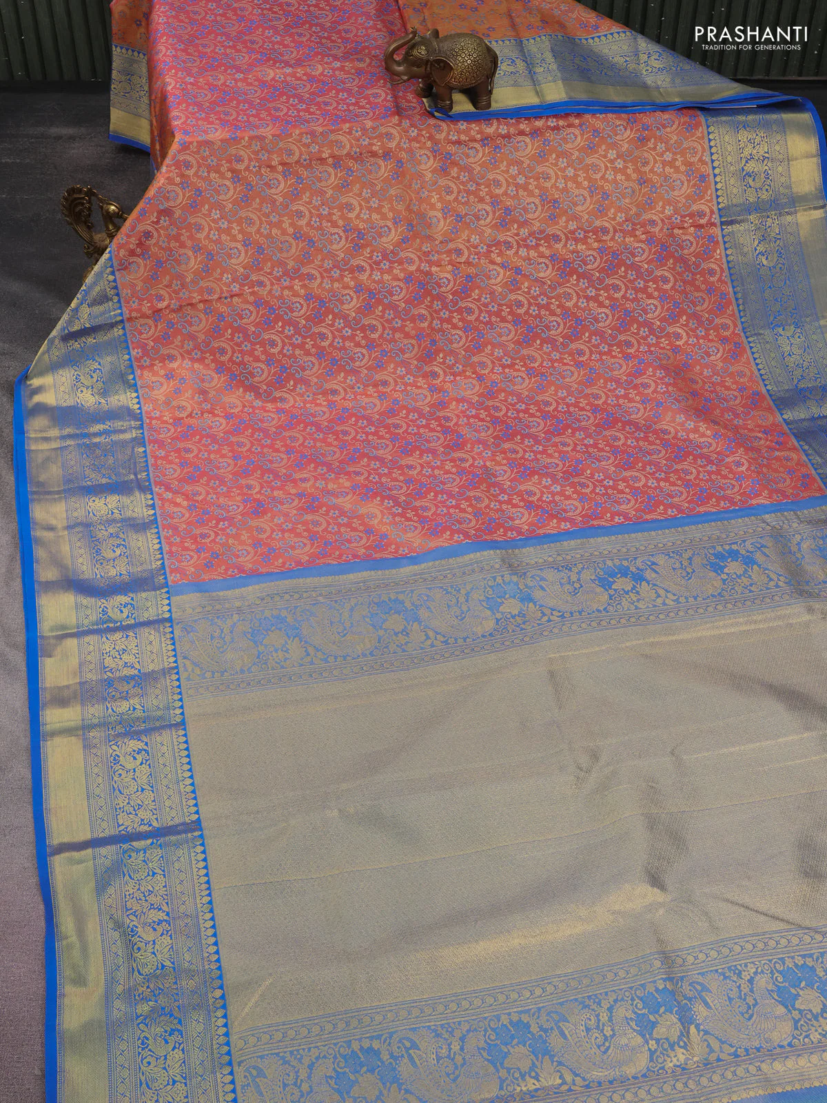 Kanchipuram tissue silk saree peach pink shade and cs blue with allover zari woven brocade weaves and long rich zari woven border - Image 2