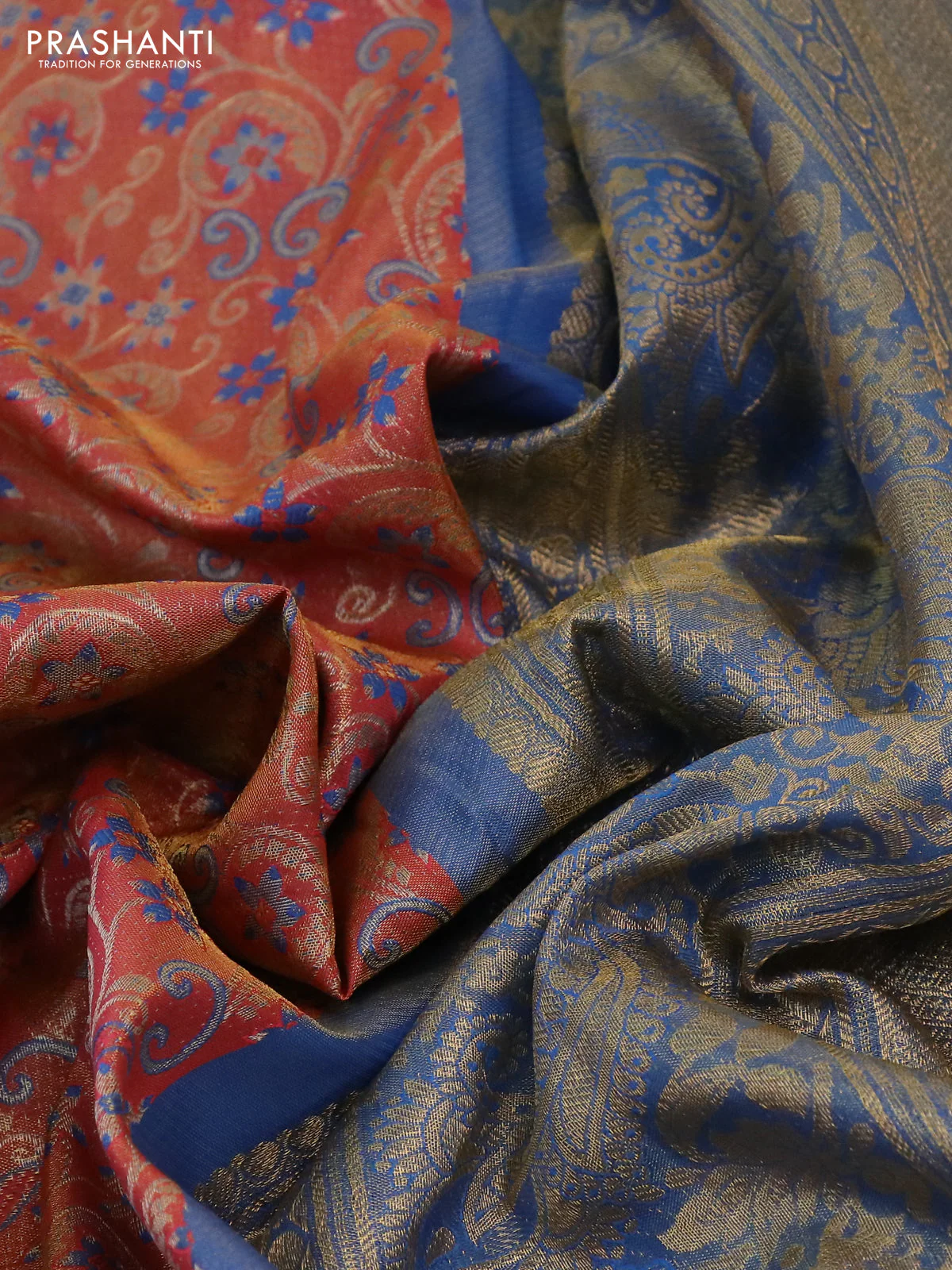 Kanchipuram tissue silk saree peach pink shade and cs blue with allover zari woven brocade weaves and long rich zari woven border - Image 3