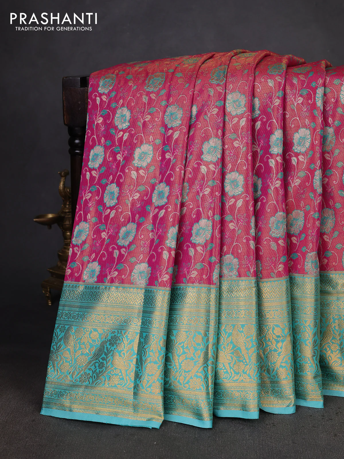 Kanchipuram tissue silk saree pink and teal blue with allover zari woven brocade weaves and zari woven border