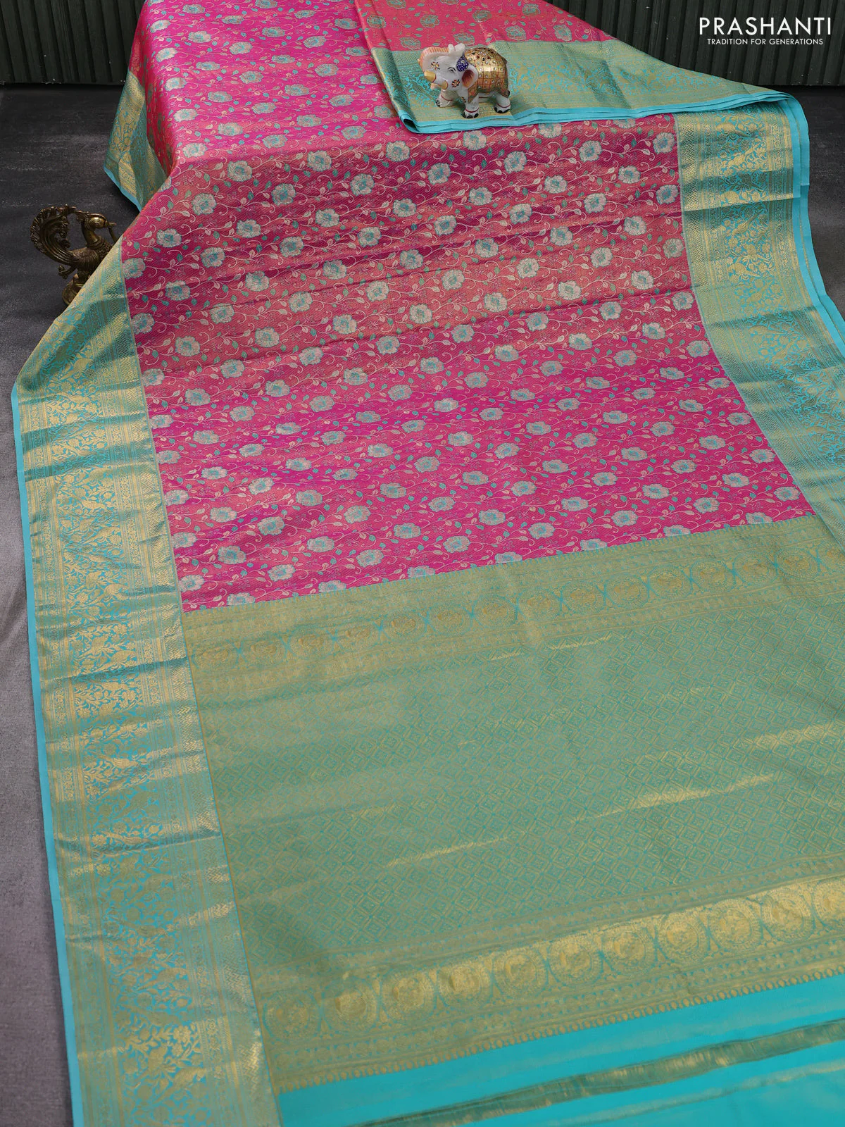 Kanchipuram tissue silk saree pink and teal blue with allover zari woven brocade weaves and zari woven border - Image 2