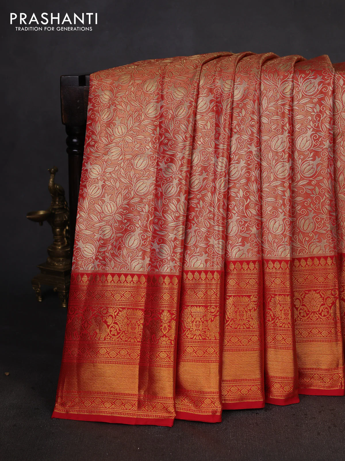 Kanchipuram tissue silk saree red with allover zari woven brocade weaves and zari woven border