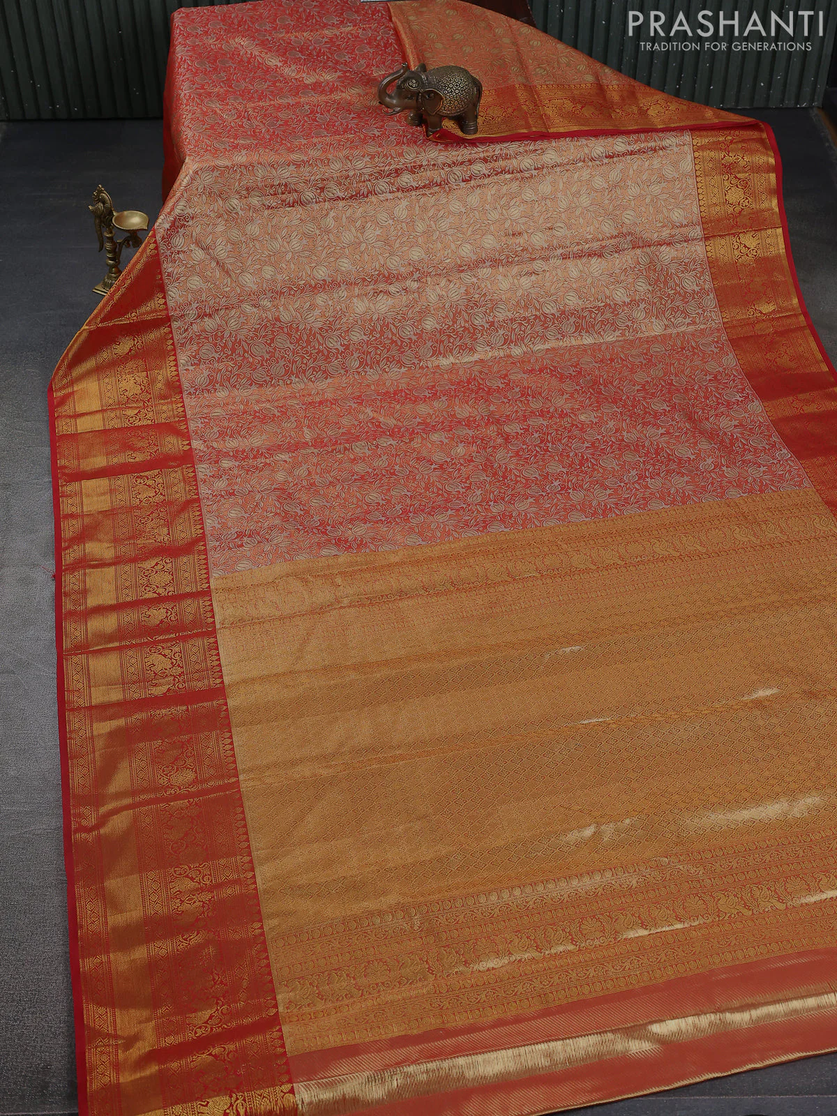 Kanchipuram tissue silk saree red with allover zari woven brocade weaves and zari woven border - Image 2