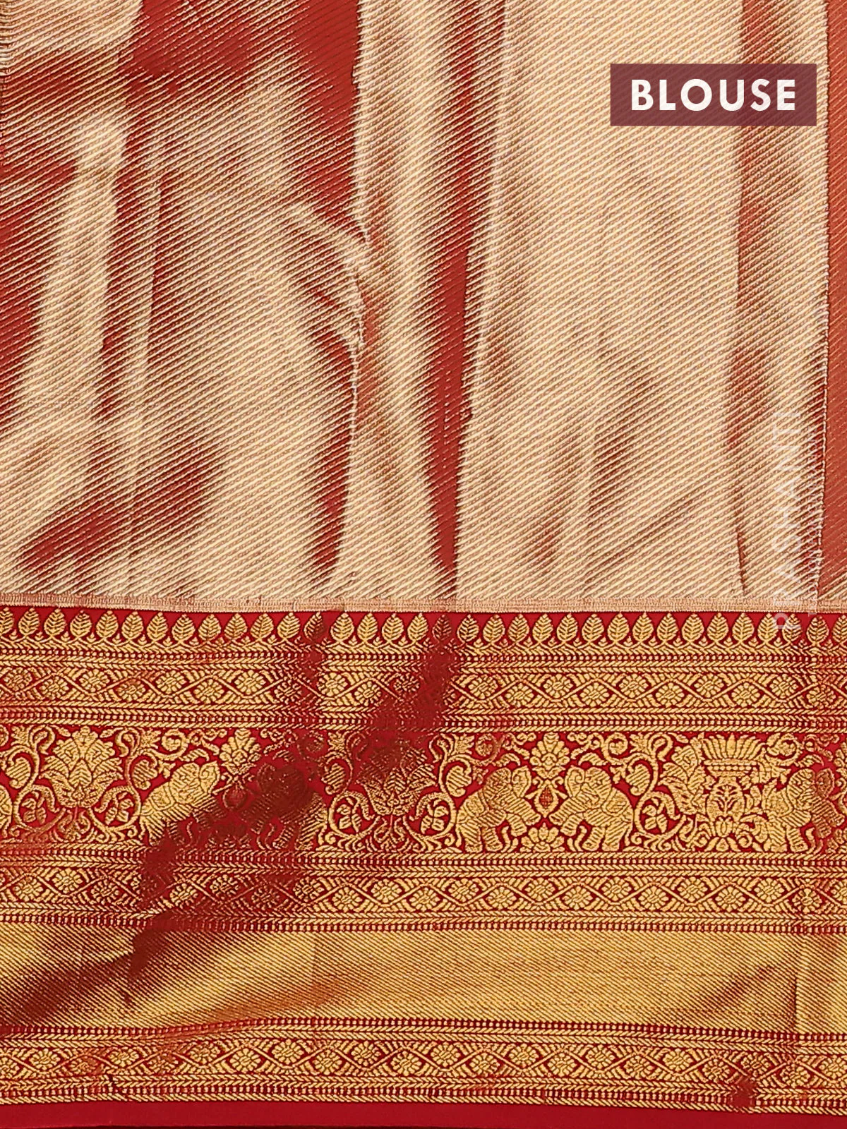 Kanchipuram tissue silk saree red with allover zari woven brocade weaves and zari woven border - Image 3