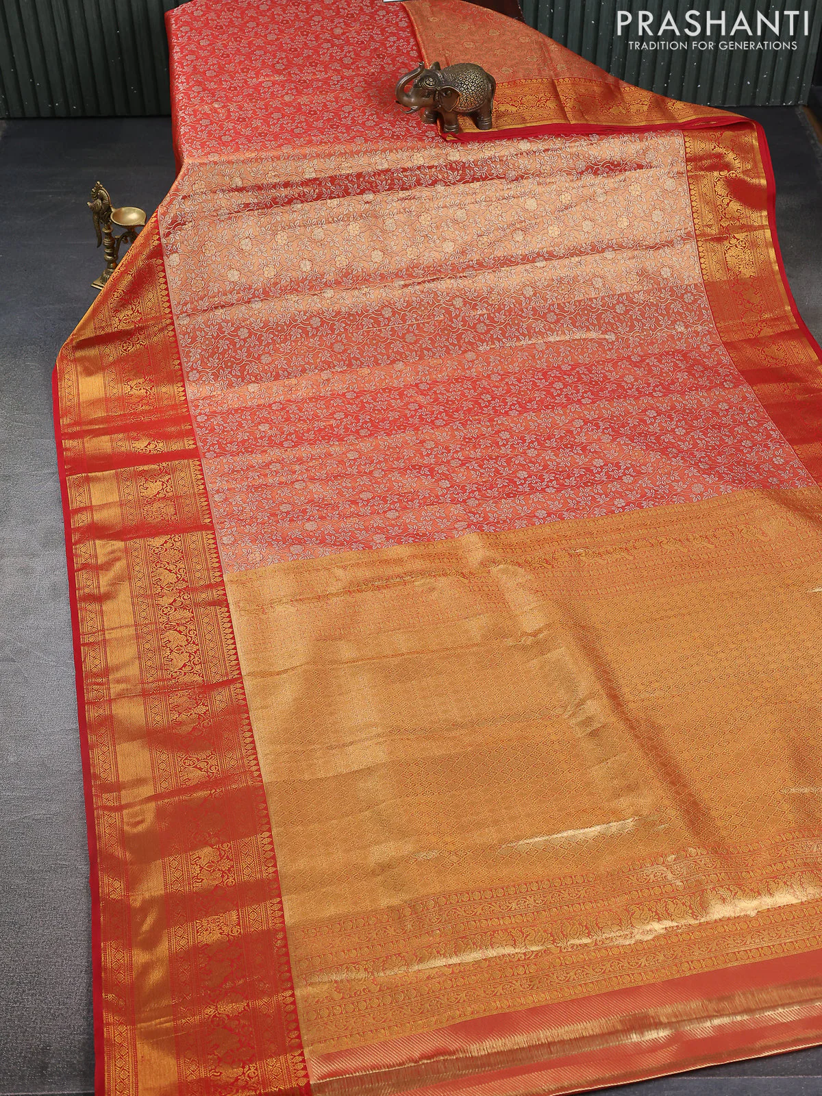 Kanchipuram tissue silk saree red with allover zari woven brocade weaves and zari woven border - Image 2
