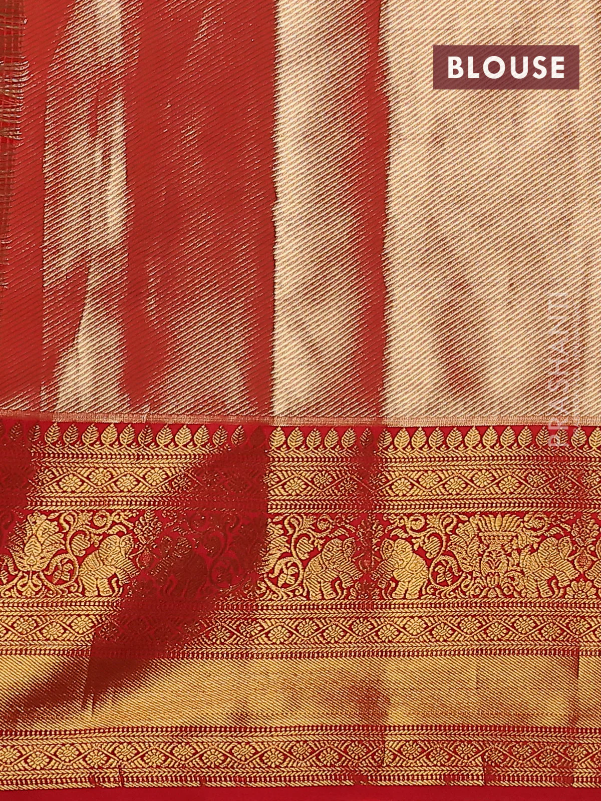 Kanchipuram tissue silk saree red with allover zari woven brocade weaves and zari woven border - Image 3
