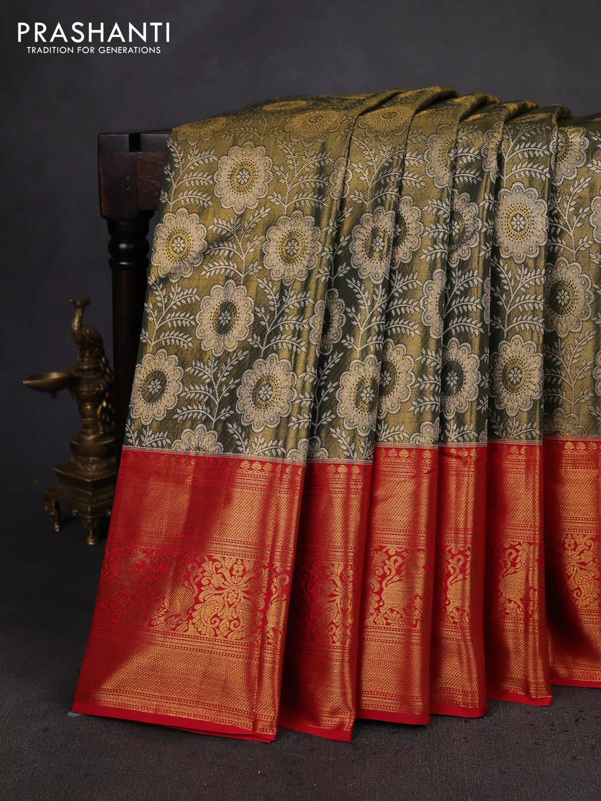 Kanchipuram tissue silk saree sap green and red with allover zari woven brocade weaves and long zari woven border