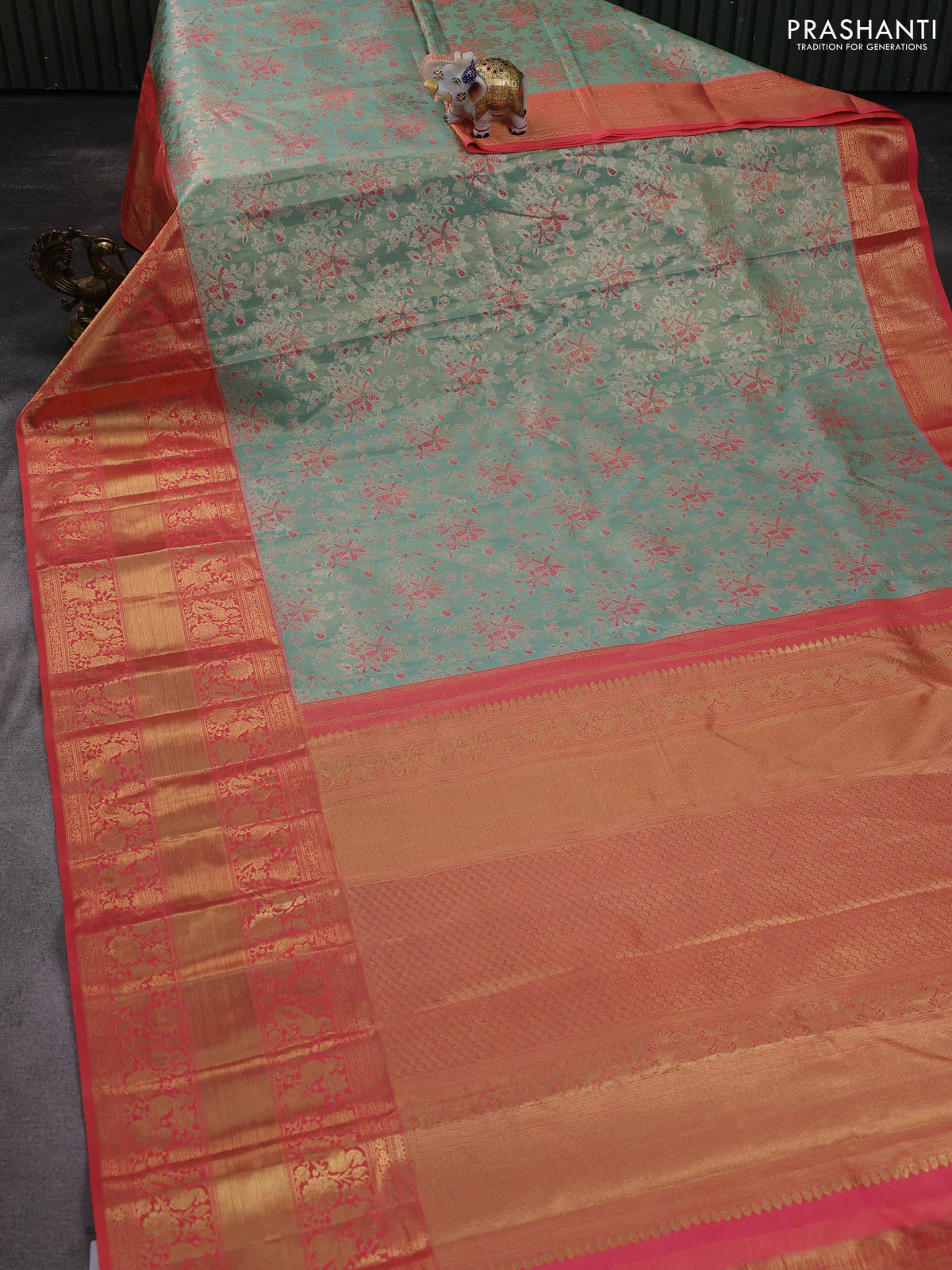 Kanchipuram tissue silk saree teal green and peach with allover zari woven brocade weaves and long zari woven border - Image 2